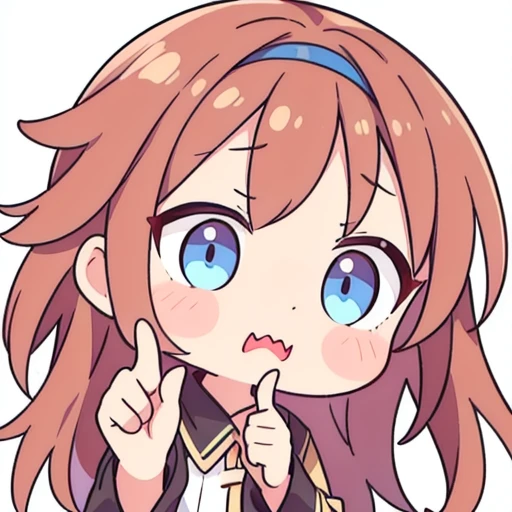 a chibi emoji of an shy anime girl with reddish brown long hair fishtail style, blue eyes,sharp jawline, thinks , puzzled , hand on her chin with thumbs and index finger up