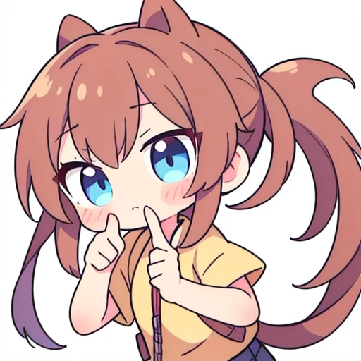 a chibi emoji of an shy anime girl with reddish brown long hair fishtail style, blue eyes,sharp jawline, thinks , puzzled , hand on her chin with thumbs and index finger up