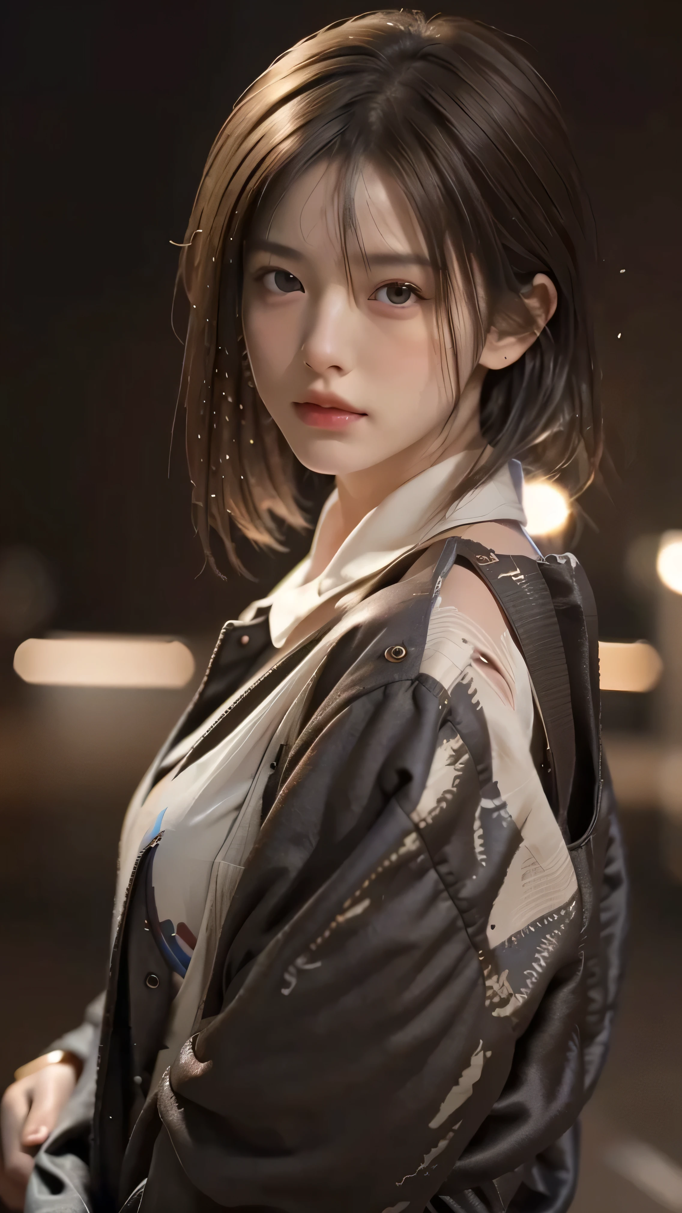 RAW shooting,最high quality, masterpiece, 超High resolution, (Realistic:1.4), RAW Photos, 1 girl,, short hair,, (masterpiece, 最high quality, high quality, High resolution, Very detailed),Brown Hair, (Night lighting:1.4), Cyberpunk attire