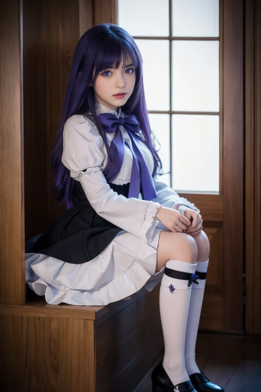 (masterpiece, best quality), 1girl, frederica bernkastel, purple eyes, purple hair, long hair, purple bow, dress, frills, white kneehighs,  kneehighs bow, mary janes, amazingly beautiful girl, 32k RAW photography, professional photoshoot, 