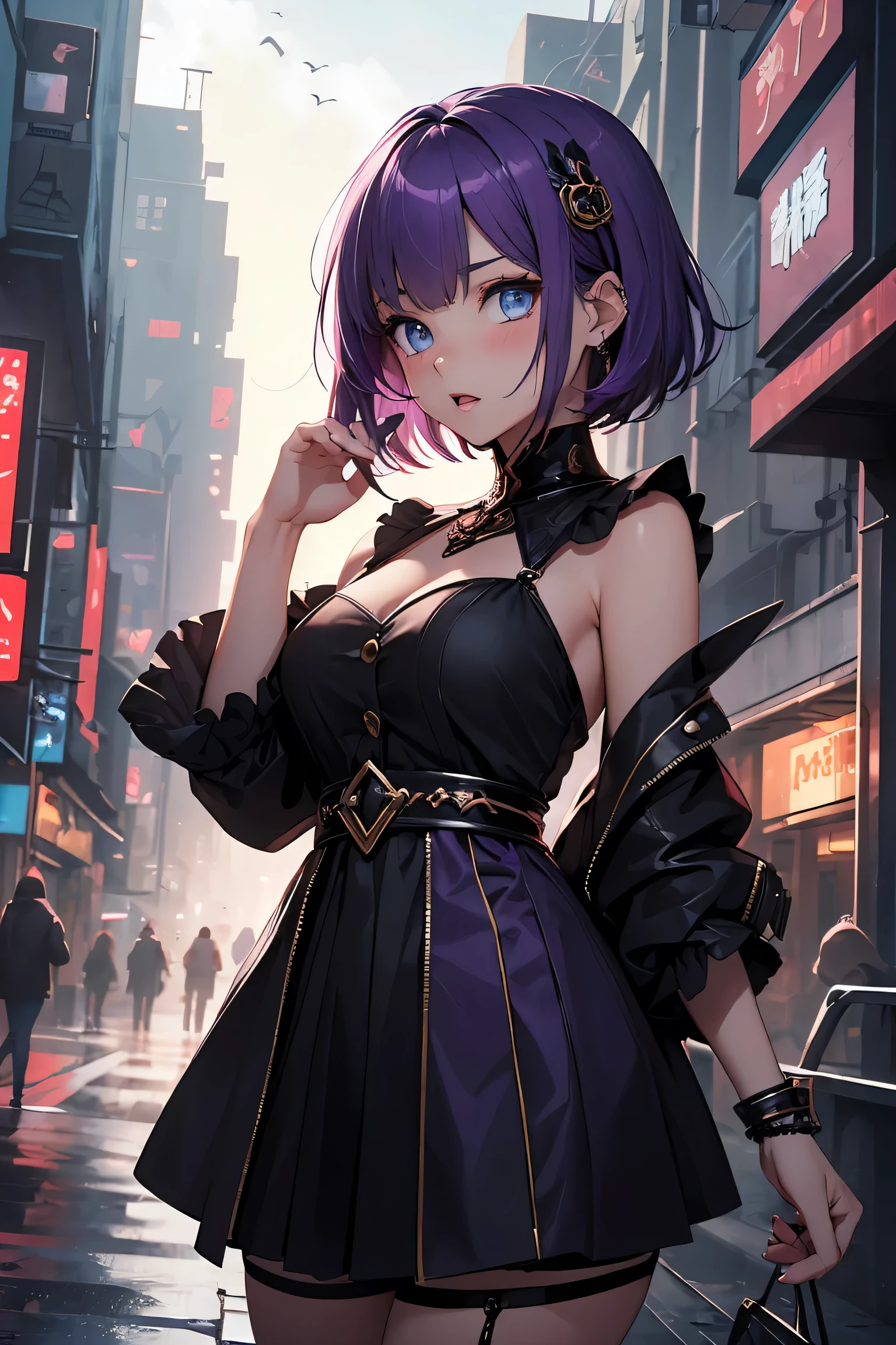 (masterpiece, best quality, ultra-detailed, best shadow), (beautiful detailed face), high contrast, (best illumination, an extremely delicate and beautiful), ((cinematic light)), colorful, hyper detail, dramatic light, intricate details, Motoko Kusanagi, depth of field, cyberpunk costume, standing, night, Tokyo, street