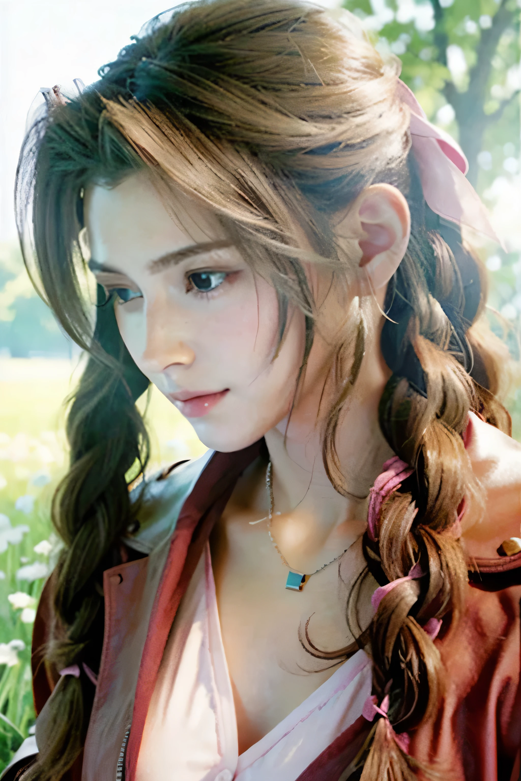 (masterpiece, highest quality)
Aeris FF7, 1 girl, alone, long hair, chest, looking at the viewer, large chest, brown hair, dress, bow, ribbon, jewelry, medium chest, green eyes, Jacket, hair ribbon, Braid, flower, short sleeve, hair bow, side lock, parted lips, open clothes, bracelet, From the side, open Jacket, lips, Depth of the bounds written, white flower, pink dress, red Jacket, cropped Jacket, Braided ponytail, realistic, nose, dappled sunlight
