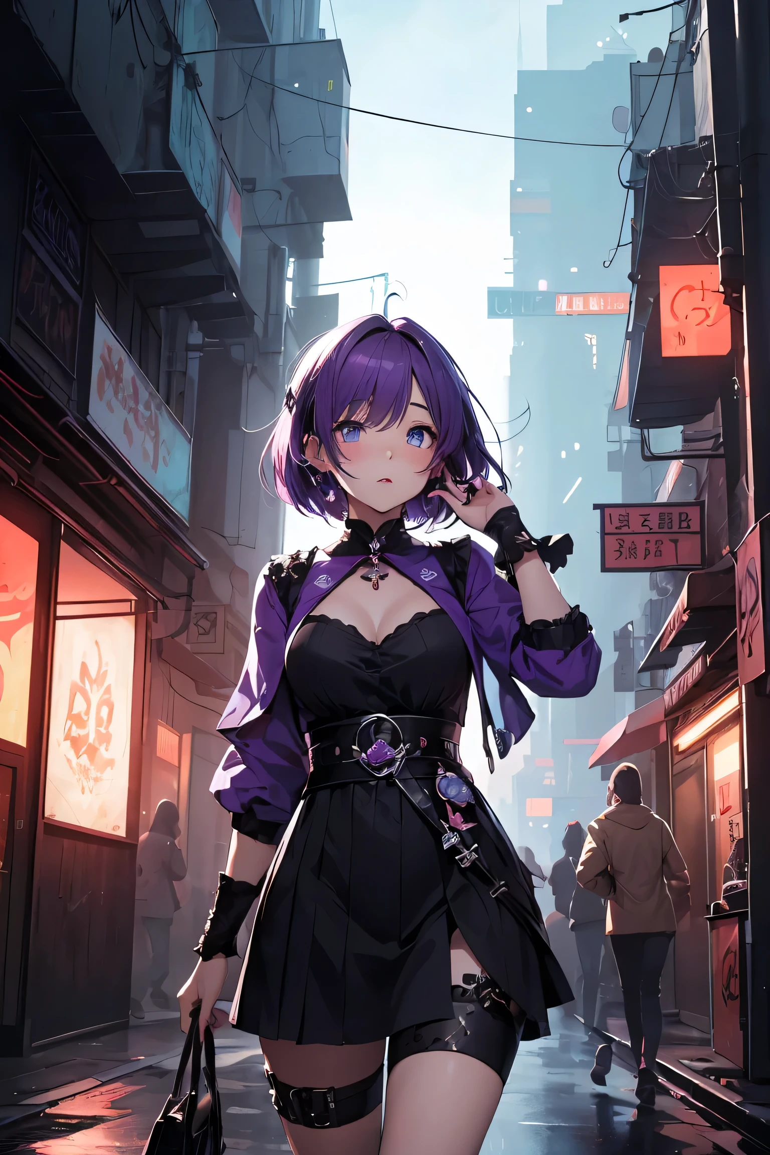 ((masterpiece)), ((best quality)), (ultra-detailed), ((kawaii)), cute, ((lovely)), ((extremely detailed)), 4K, (8K), best quality, (beautiful), illustration, overall bird’s eye view:1.3, cowboy shot, looking away, dynamic angle, (hand up:1.3), BREAK, a cute girl, 1girl, solo, japanese, (fantasy necromancer:1.3), (fantasy necromancer costume:1.3), BREAK, (beautiful purple hair:1.3), (semi short hair:1.3), ((beautiful hair)), tareme:1.5, beautiful blue eyes, ((beautiful eyes)), white teeth, (surprised), blush, BREAK, (futuristic city with neon wash and cyberpunk atmosphere), 
