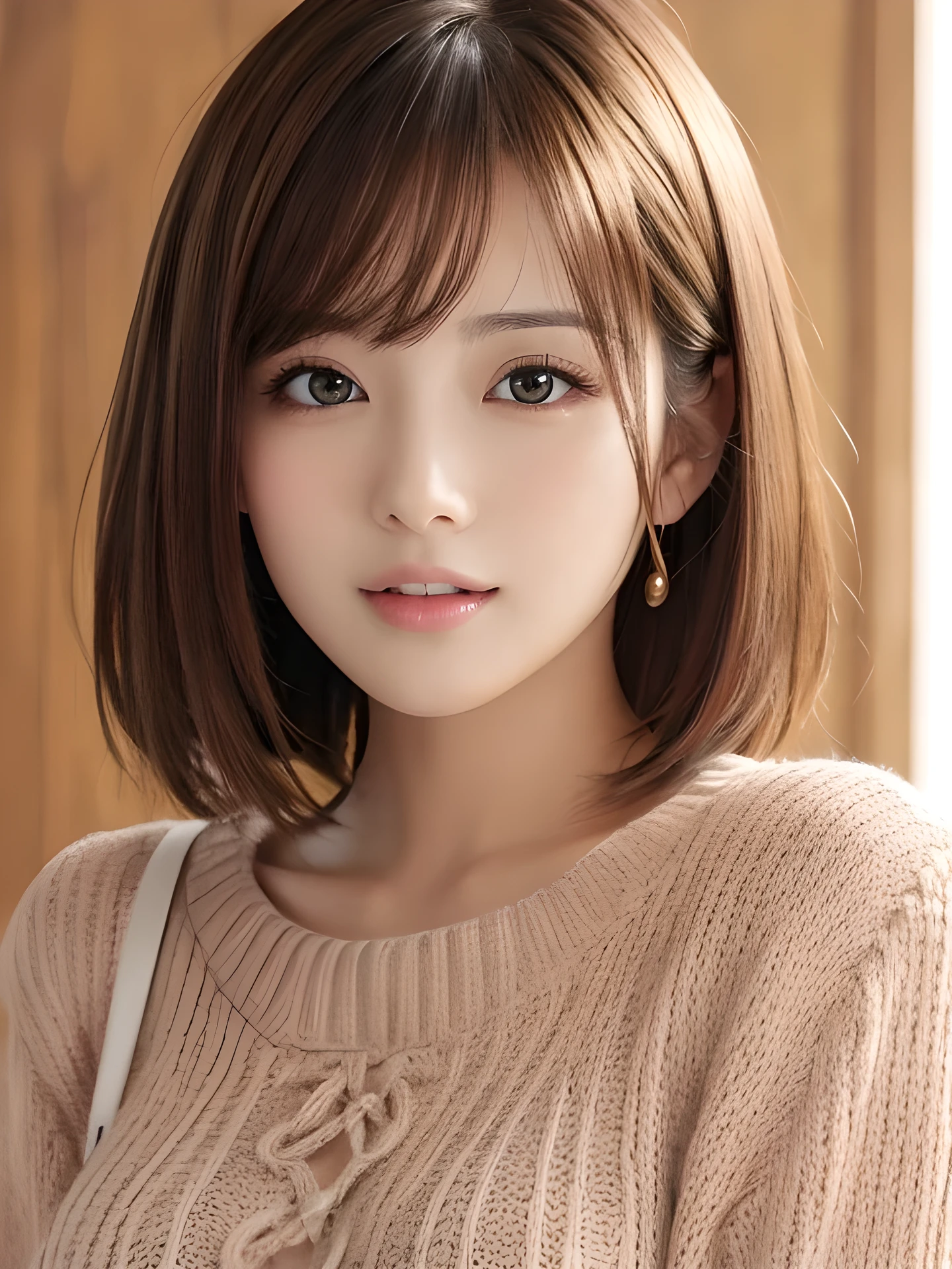 masterpiece, highest quality, High resolution, table top、wallpaper, realistic, bright lighting, professional lighting, face light, smooth lighting, japanese girl, cute,  open mouth to say something, Beautiful girl, gravure, sexy, super beautiful, beautiful skin, beautiful and detailed eyes、detailed face、slim、moderately、short hair, brunette colored hair, brown eyes, look at the camera, sweater,