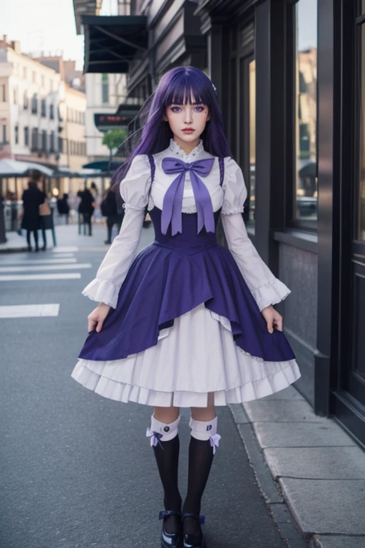 (masterpiece, best quality), 1girl, frederica bernkastel, purple eyes, purple hair, long hair, purple bow, dress, frills, white kneehighs,  kneehighs bow, mary janes, amazingly beautiful girl, 32k RAW photography, professional photoshoot, 