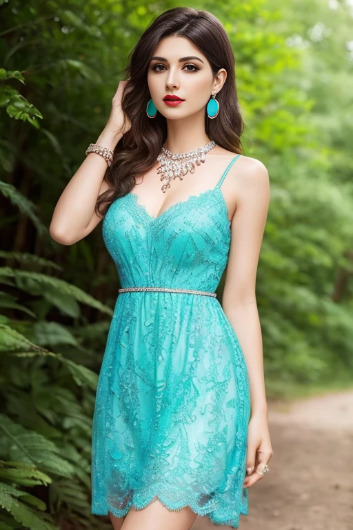 Lebanese woman, diamond dangling earrings, necklace, bracelets, small breasts, 40 years old, smokey eyes, cleavages, red lips, innocent face, lace turquoise dress, thin straps, stylish hairstyle, posing, modeling, nature background