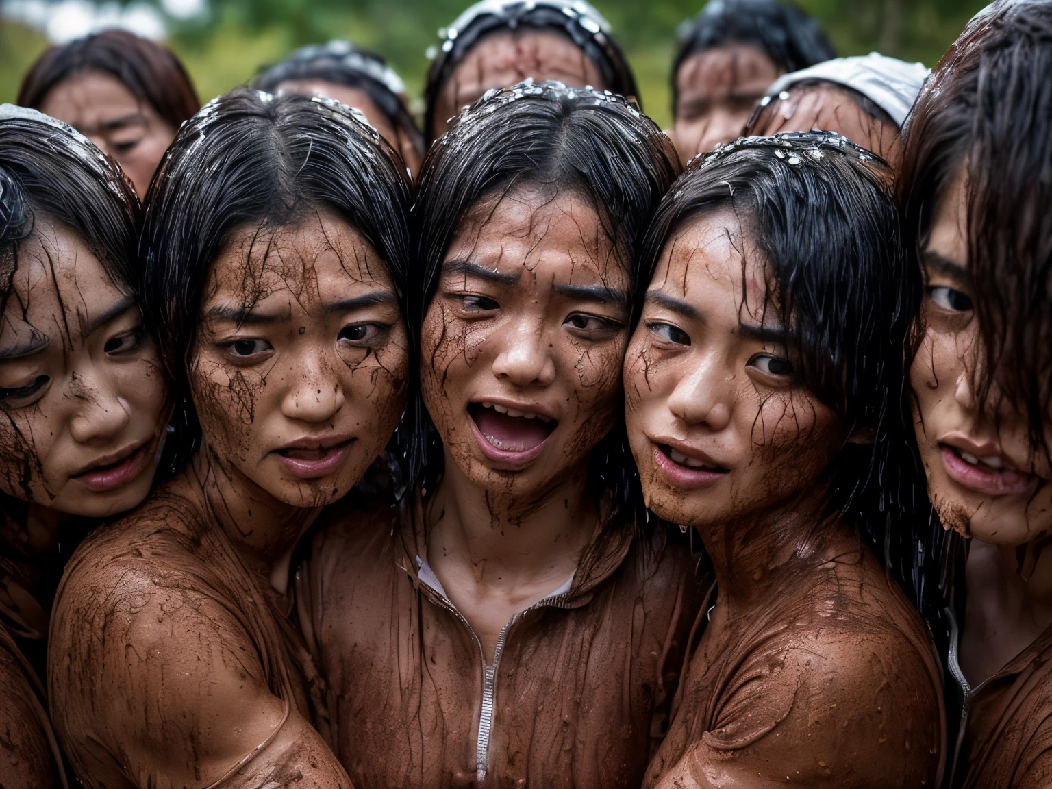 a group of young japanese defeated and reduced to slaves, humiliating parade, short black hair, shameless angry expression face, slave, bondage, arms behind back, bondage, jungle village, defeated, she's naked, very sweaty body, submission, muscle, abs, exposure, a rope leash around the neck