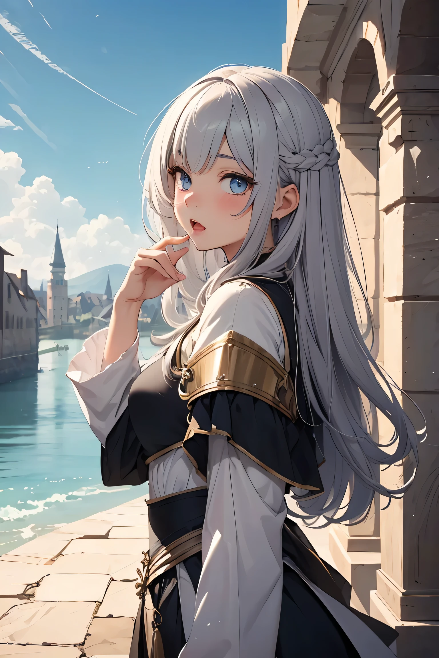 ((masterpiece)), ((best quality)), (ultra-detailed), ((kawaii)), cute, ((lovely)), ((extremely detailed)), 4K, (8K), best quality, (beautiful), illustration, overall bird’s eye view:1.3, body shot, dynamic angle, looking away, (hand up:1.3), BREAK, a cute girl, 1girl, solo, japanese, (middle ages wizard:1.3), (middle ages wizard costume:1.3), BREAK, (beautiful gray hair:1.3), (semi long hair), ((beautiful hair)), tareme:1.5, beautiful blue eyes, ((beautiful eyes)), white teeth, (surprised), blush, BREAK, (roman architecture), (palace),