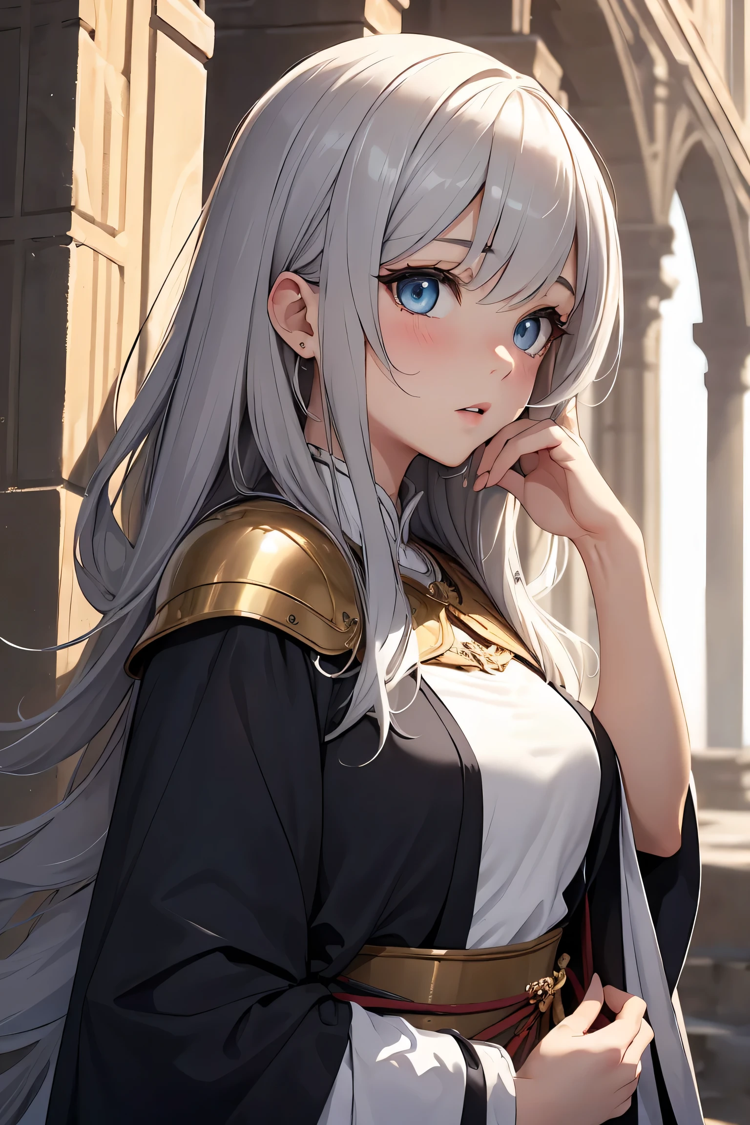 ((masterpiece)), ((best quality)), (ultra-detailed), ((kawaii)), cute, ((lovely)), ((extremely detailed)), 4K, (8K), best quality, (beautiful), illustration, overall bird’s eye view:1.3, body shot, dynamic angle, looking away, (hand up:1.3), BREAK, a cute girl, 1girl, solo, japanese, (middle ages wizard:1.3), (middle ages wizard costume:1.3), BREAK, (beautiful gray hair:1.3), (semi long hair), ((beautiful hair)), tareme:1.5, beautiful blue eyes, ((beautiful eyes)), white teeth, (surprised), blush, BREAK, (roman architecture), (palace), 