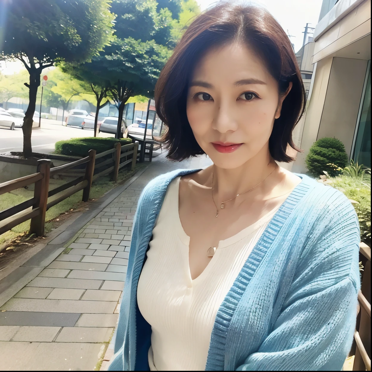 japanese,matue woman,(55 years old),short-hair,blue cardigan,white shirt,,upper body,natural color,one person,outdoor,looking at viewer,real location,sidewalk,park,((facial wrinkles)),necklace,clavicle,wet hair,well-proportioned body,from the waist up,