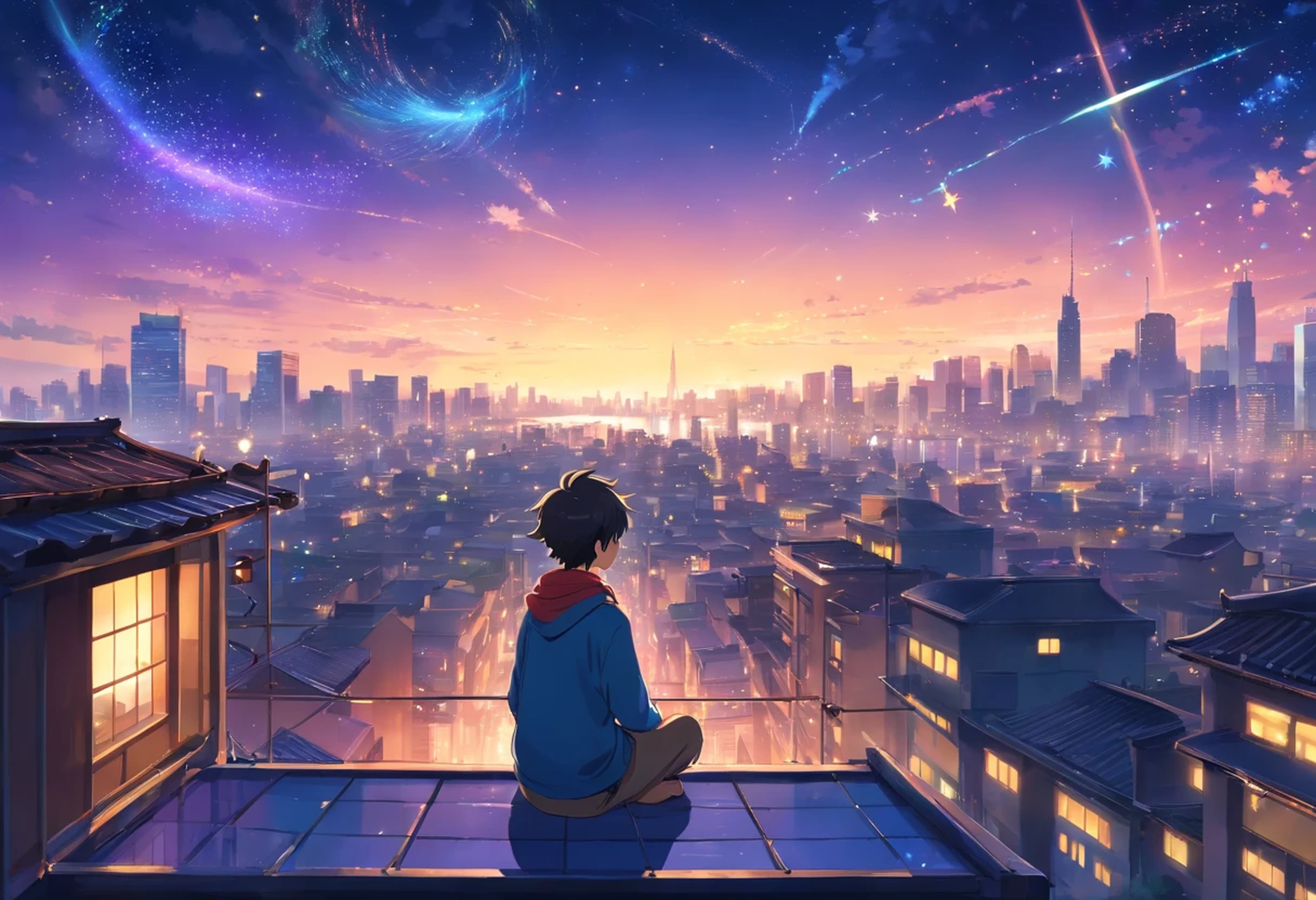 (best quality, highres, realistic:1.37), HDR, (concept art), a boy meditating on the rooftop with a starry sky and mystical lights surrounding him, overlooking the city scene. [Mystical atmosphere], [peaceful], [serenity], [calmness], [tranquility]. The boy's closed eyes create a sense of deep meditation, while the starry sky above adds a touch of magic to the scene. The rooftop is adorned with [soft cushions] for comfort, and surrounding the boy are flickering [ethereal lights] that emit an otherworldly glow. The lights create an enchanting aura, reminiscent of the night sky filled with shooting stars and celestial wonders. The city below is bustling with [vibrant energy], [lively colors], and [busy streets]. The tall buildings are illuminated with various [colorful lights], casting a warm glow onto the streets. In the distance, the silhouettes of [skyscrapers] can be seen, creating an urban skyline against the twilight sky. The ambiance is [mysterious] and [magical], evoking a sense of curiosity and wonder. The boy's presence atop the rooftop symbolizes his desire for solace and a chance to escape the chaos of the city. The composition of the scene, with the boy as the central focus, highlights the importance of inner peace and reflection. Every detail is meticulously crafted, from the boy's [calm expression] to the intricate patterns of the celestial lights. The artwork showcases a [dreamlike] and [surreal] setting, inviting viewers to contemplate the boundaries between reality and the imagination. As viewers gaze at the painting, they are transported to a world of serenity and tranquility, where meditation and magic intertwine.