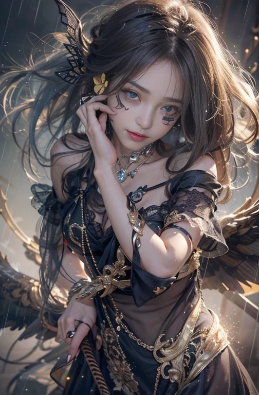 (masterpiece:1.3), (8k, Photorealistic, Raw photo, Best image quality: 1.4), Fair-skinned fairy woman、long Hair blowing、Hair flowing in the wind、Cleavage:2.0、Super detailed face、Attention to detail、double eyelid、Put your chest together、Sharp focus:1.2、Beautiful woman:1.4、 brunette hair、highest quality、masterpiece、超A high resolution、(Photorealistic:1.4)、Highly detailed and professionally lit smile, gothic costume、dark street ,Shoulder out、thin、Serious expression、black Goth Fashion：1.2 , Short-haired、Deadly position, gorgeous necklace , one person、whole body, Enormous black angel wings from the latissimus dorsi、rainy , yellow eye、2 hands, perfect fingers.