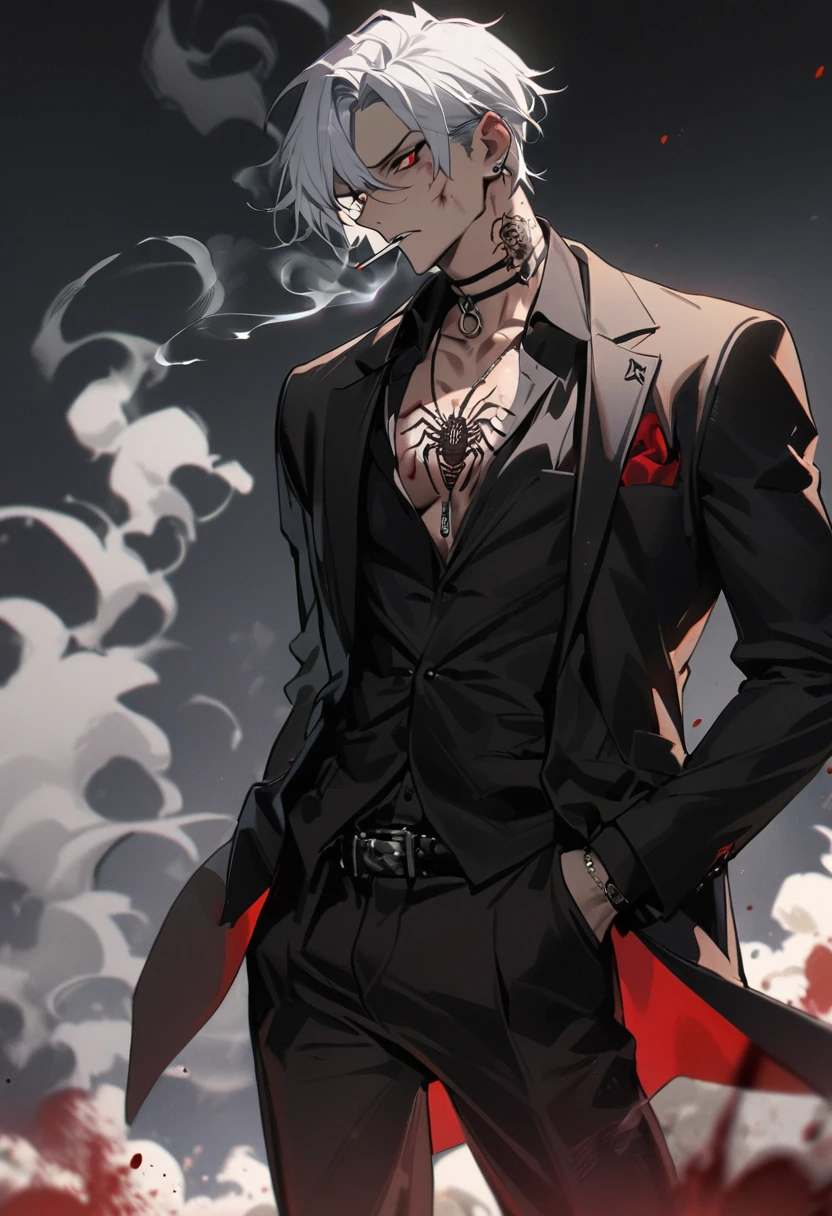 1 Boy , white hair , red eyes , Has a spider tattoo on his neck. , smoking , Bad Boy , wearing a black suit , injury , Masterpiece , best quality ,bloodstain , Handsomeness , white skin , nonsense , cool , Has Alpha label , in hand holding gun