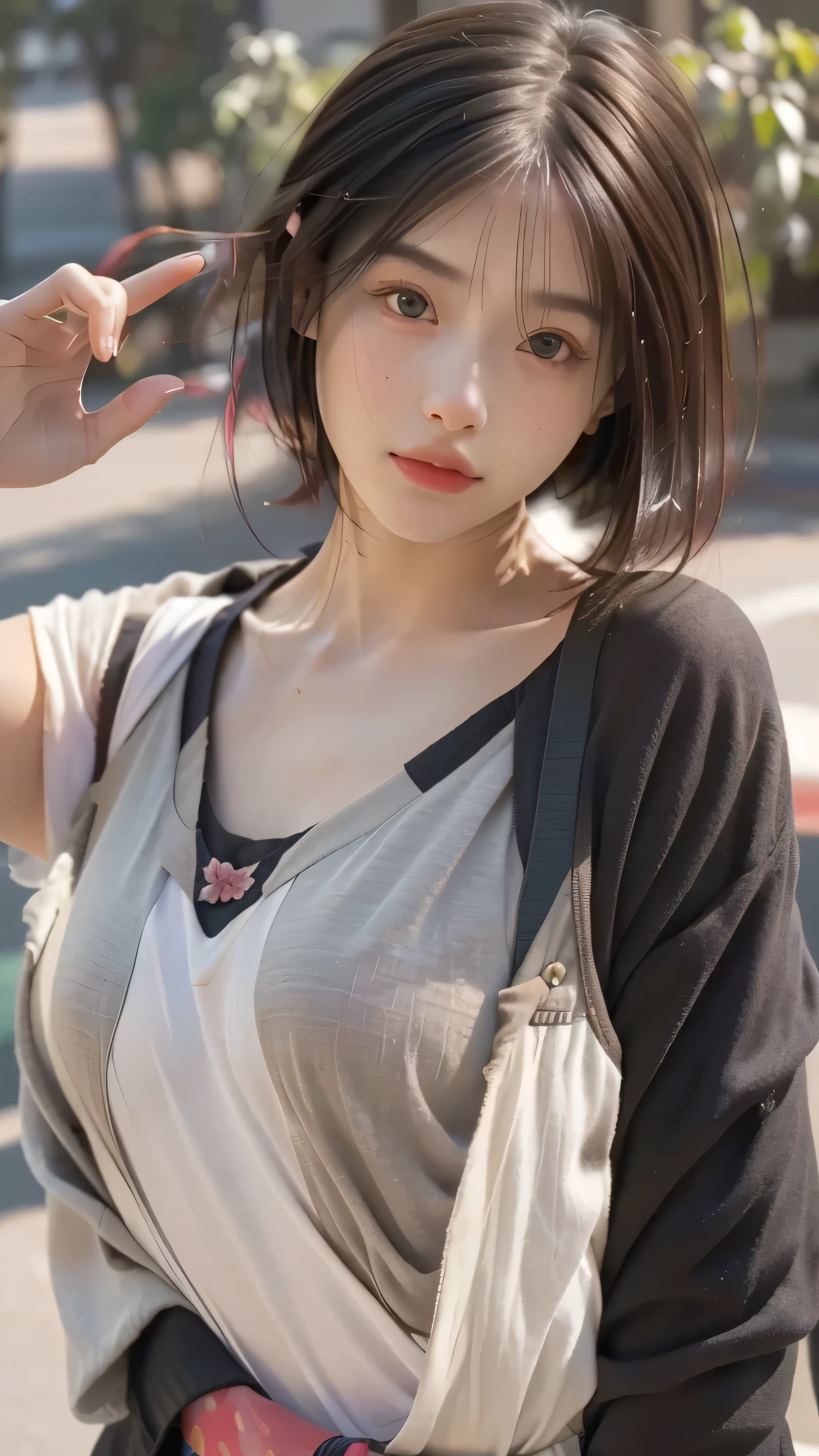 (8k, highest quality, masterpiece: 1,2), (Realistic, Realistic: 1.37), Super Detail, One Girl, ), (Very detailed), (Beautiful fine details), (highest quality) , (Very detailed), (masterpiece), (Detailed face), 18-year-old, One person girl, whole body, Are standing, Black Hair, Very short hair, Medium chest, Perfect lighting, looking at the camera, I brought a love letter, Full head of floral hair, impressive, Written boundary depth, Short Hair, Short Bob, Straight face, Head and body balance