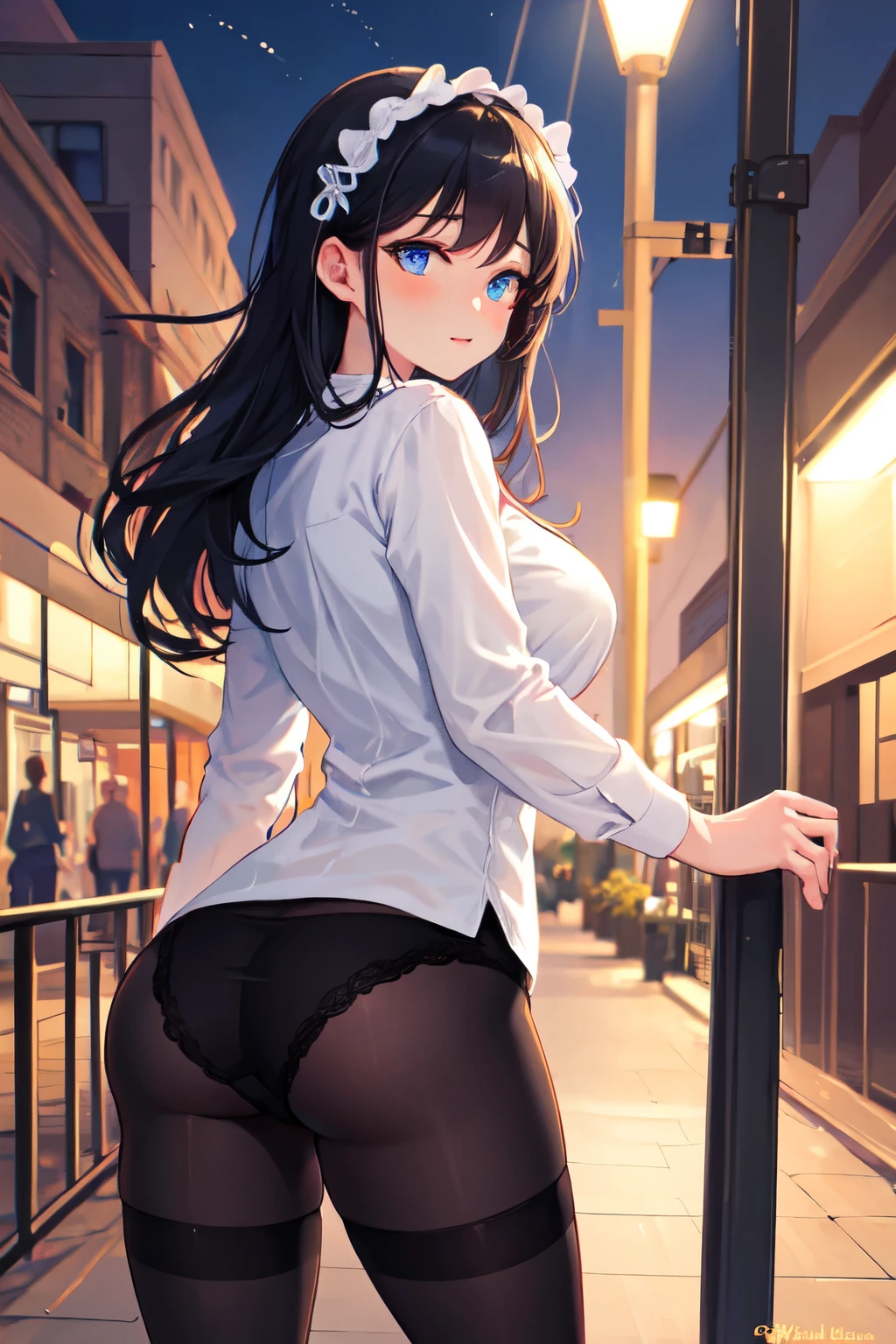 masterpiece, best quality, wallpaper, 1girl, long hair, black hair, sky blue eyes, hair accessories, cute, innocent, blouse, no pants, pantyhose, stockings, 35 years old female, innocent, safe for work, wholesome, city streets, night, jack o pose, butt sticking out, no undergarment visible, no panty, only wearing pantyhose, mature face, mature body, looking from behind, medium breast, face profile,
