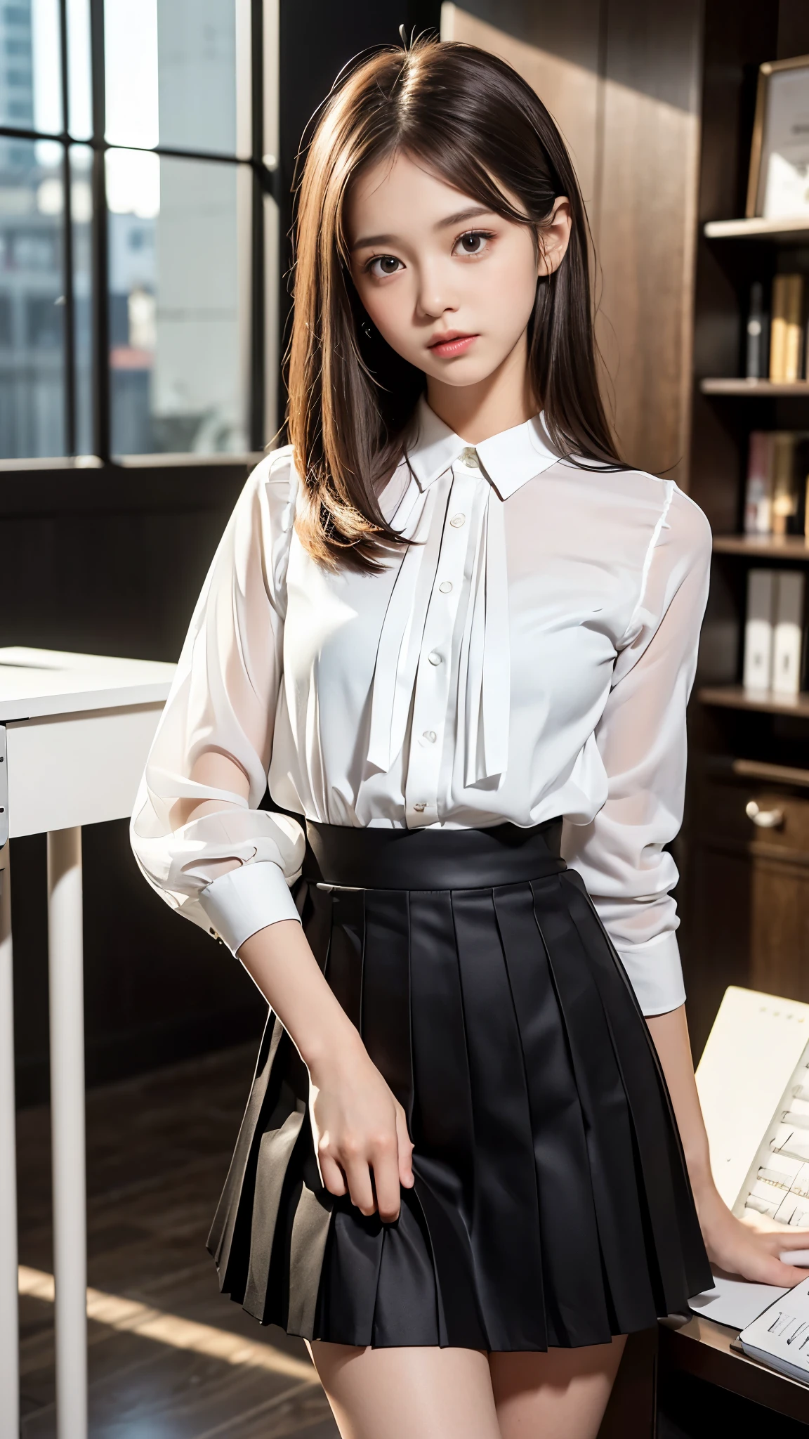((Music college practice room)), (Tabletop), (whole body), (white blouse shirt), (black micro mini pleated skirt:1.3), Clear white skin, (Best Looks:1.2), (Brown hair with dazzling highlights), (Medium Short), (Smooth straight hair:1.4), Parting the bangs, (Attractive big brown eyes), ((, beautiful girl)), (Detailed face and eyes:1.2), (Anatomically correct hand:1.2), (Little girl& hand:1.5), (Slender body line), (Small and slender figure), (Abundant beautiful breasts:1.5), (Moisturizing lips:1.3), (((Highest quality, Ultra high definition, Masterpiece))), (Photorealistic:1.4), (Professional Lighting), (Accurate Shadows:1.2), (looking at the camera:1.5), (Sexy black bra visible through shirt:1.5)
