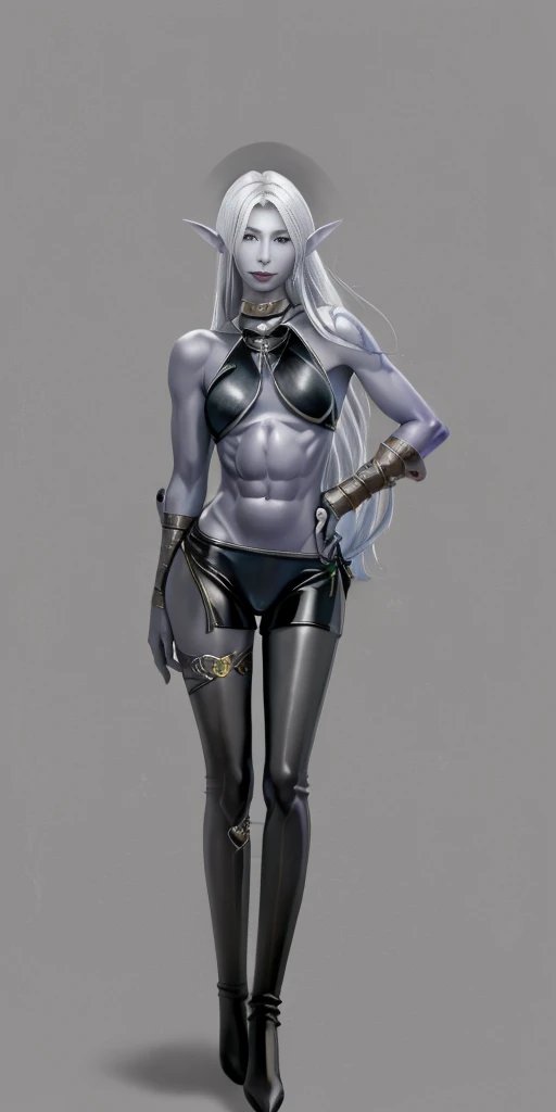 ((1girl)) full body, standing, grey skin, drow, elf, mature, detailed happy face, purple eyes, white hair, black bikini, abs, big knockers, golden chain collar, stomach tattoo (red tattoo) hands on hips, ((black choker, shackles on legs and arms))