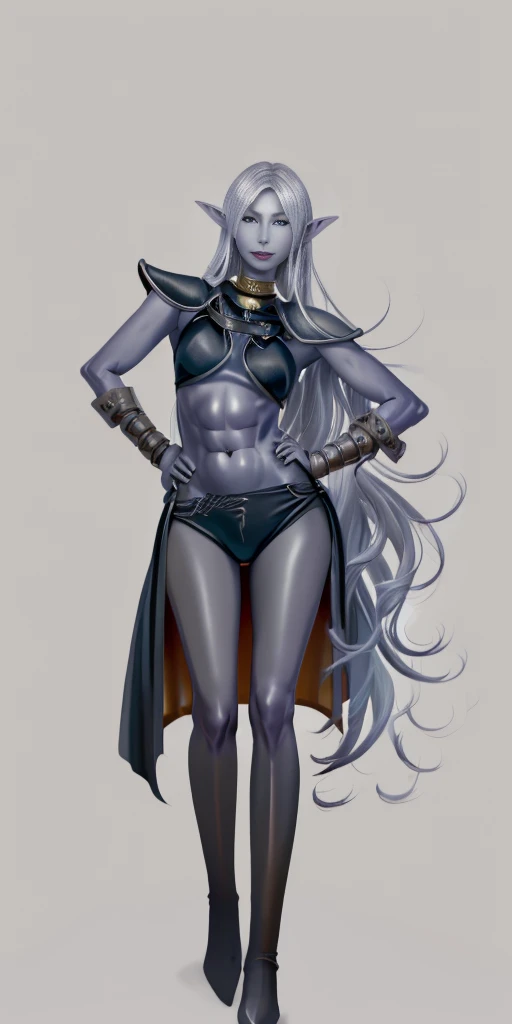 ((1girl)) full body, standing, grey skin, drow, elf, mature, detailed happy face, purple eyes, white hair, black bikini, abs, big knockers, golden chain collar, stomach tattoo (red tattoo) hands on hips, ((black choker, shackles on legs and arms))