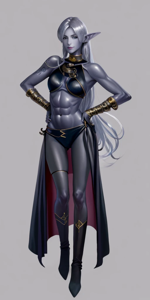 ((1girl)) full body, standing, grey skin, drow, elf, mature, detailed happy face, purple eyes, white hair, black bikini, abs, big knockers, golden chain collar, stomach tattoo (red tattoo) hands on hips, ((black choker, shackles on legs and arms))
