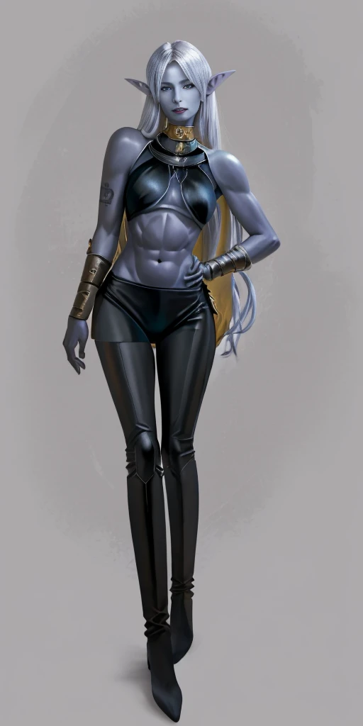 ((1girl)) full body, standing, grey skin, drow, elf, mature, detailed happy face, purple eyes, white hair, black bikini, abs, big knockers, golden chain collar, stomach tattoo (red tattoo) hands on hips, ((black choker, shackles on legs and arms))