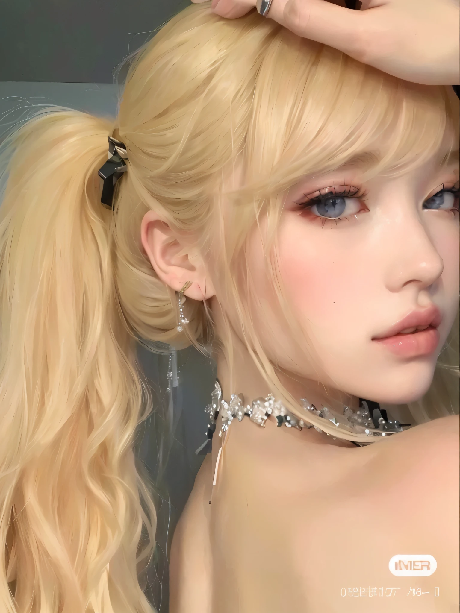 Blonde woman with long hair holding a white cell phone., retrato de kim petras, maquillaje popular de corea del sur, Retrato de Jossi de Blackpink, Parque Roseanne de Blackpink, ulzzang, maquillaje coreano popular, cruel korean gothic girl, ava max, con el pelo largo y blanco, inspirado en Yanjun Cheng, bella delfina, kim taejin
