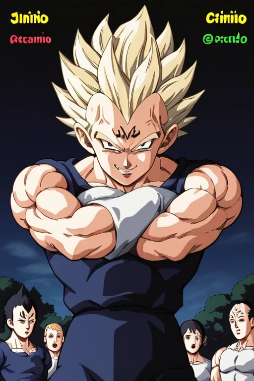 punctuation_9, fonte_anime, punctuation_8_acima, punctuation_7_acima, fundo detalhado, 1 menino, Sozinho, corpo todo, deserto,  Majin dramatic lighting, dynamic pose, dynamic composition, action scene, action pose, crossed arms, evil smile