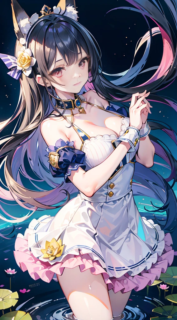 high quality, masterpiece, Super detailed, Bottom View，1 girl,  Extremely detailed facial details, Blue and white striped ballet costume，maid crown,handcuffs，collar，Calm expression,Smile，handcuffs，collar，Black long hair, Attractive pink eyes, Fox ears, Ridiculously big, glowing skin, Dancing on the water，Lotus Pond