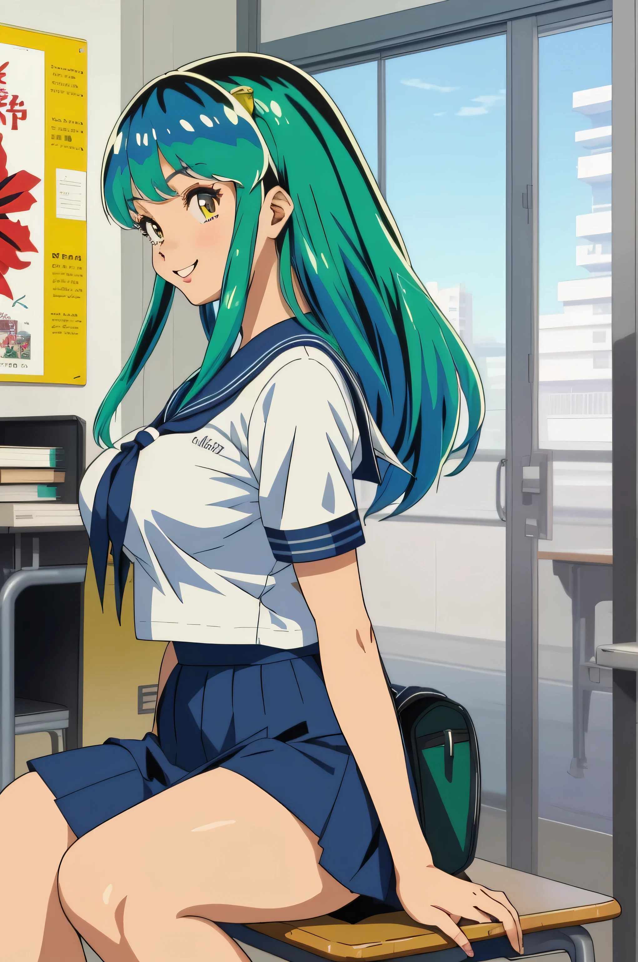 (Anime stuff, Retro art style, Clean brush strokes, Very detailed, Perfect Anatomy, Browsing Caution), Ram, Sitting sexy, (Blue-green hair), Long Hair, A bright smile, Tabletop, (Penetration: 1.2), In a glamorous body, Huge breasts:1.3, ((Sailor suit, Short sleeve)), ((School uniform skirt)), I can see her panties, Leather student bag, refer to４Bookの中に親refer to１Book, 