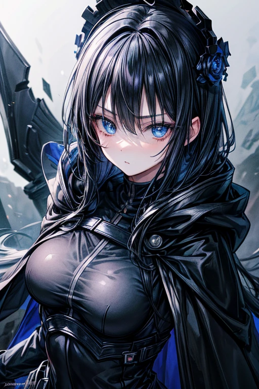 (masterpiece, best quality, perfect face, expressive eyes), 1girl, (anime), long black hair, blue eyes, black gloves, black assassin outfit, black cloak, blue gradient hair, small breasts,