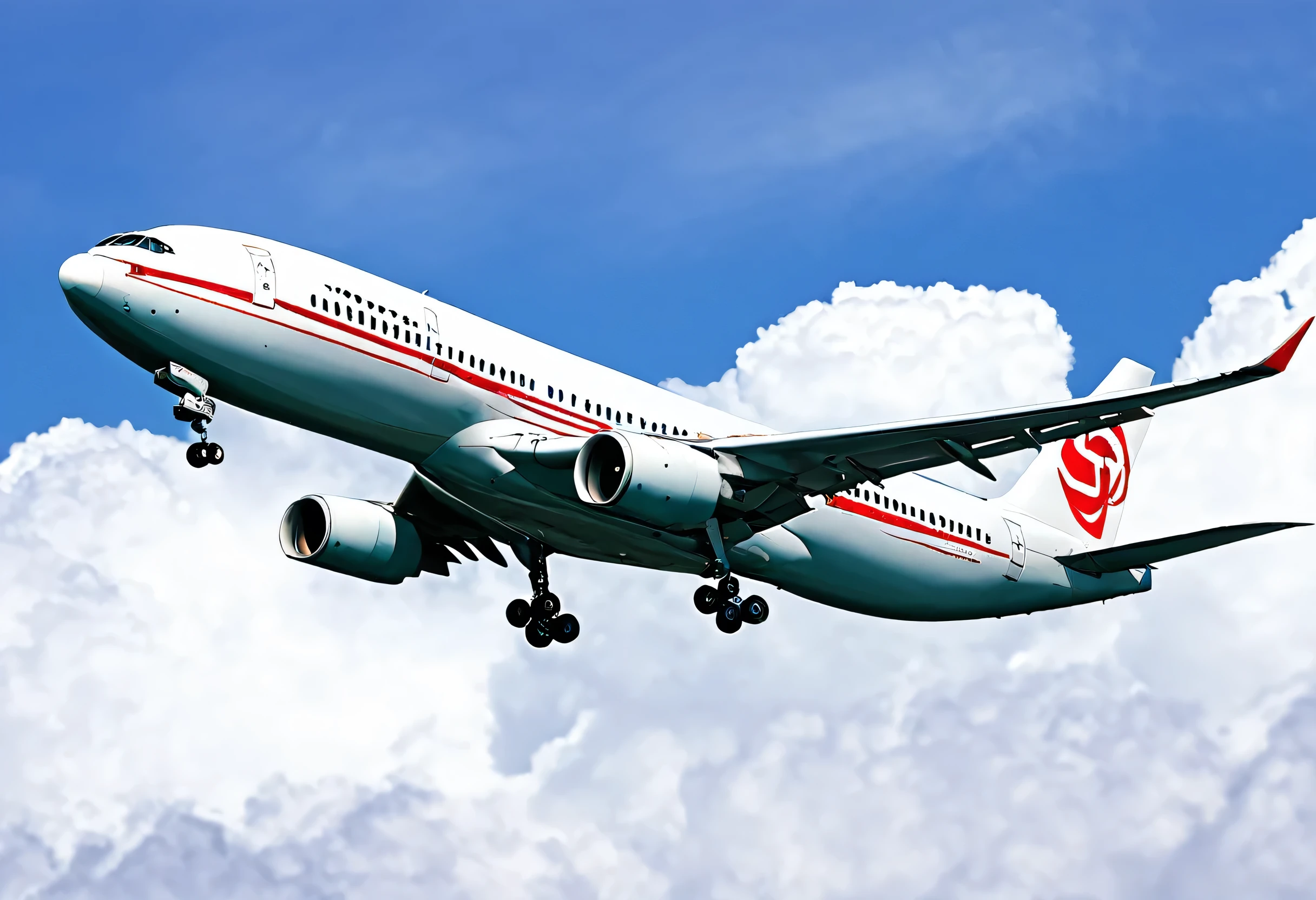 a close up of a large jetliner jumping through a cloudy sky, Digital Art by Ren Renfa, Shutterstock, Digital Art, aircraft, realistic aircraft, aeroplane, rendering, plane, realistic aircrafts, photograph, airplane in the sky, High resolution), Exploitable Images, plane illustration, 超High resolution, [ Realistic photograph ]!!, close range, jump