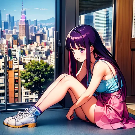 beautifull city, masterpiece, colorfull city, tokyo, girl, long purple hair, sitting down on the floor, longshot