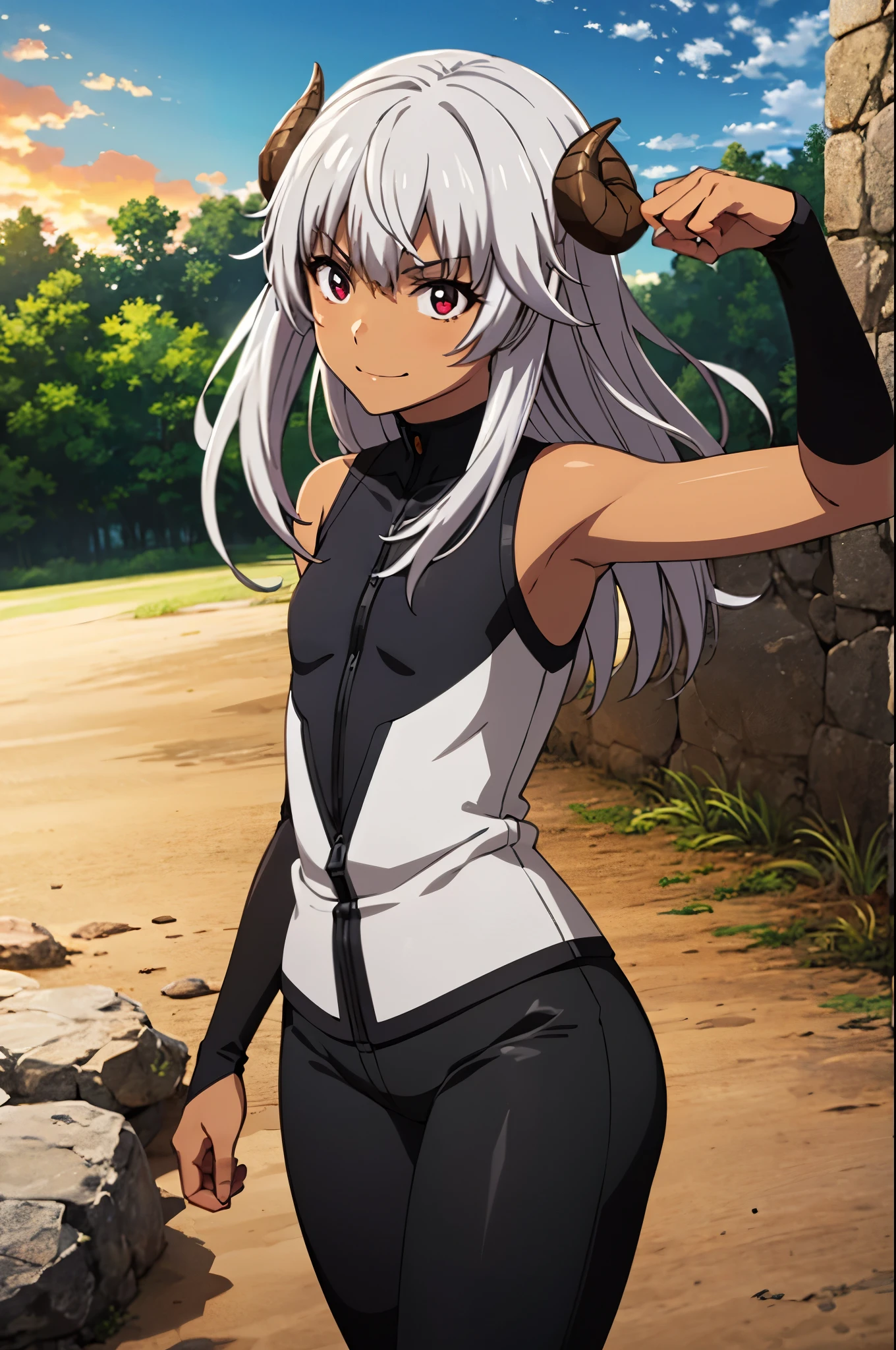 best quality, ultra high res, Felm, 1girl, flat chest, bodysuit, sleeveless, black thighhighs, dark skin, grey hair, long hair, red eyes, curled horns, at grass plain fields, sunset, sweet smile, wearing tight pants, thick thigh, half body, sweet girl, close up, commissioned art, fan art, low angle, sunset sky, orange sky, cloud, makoto shinkai style anime