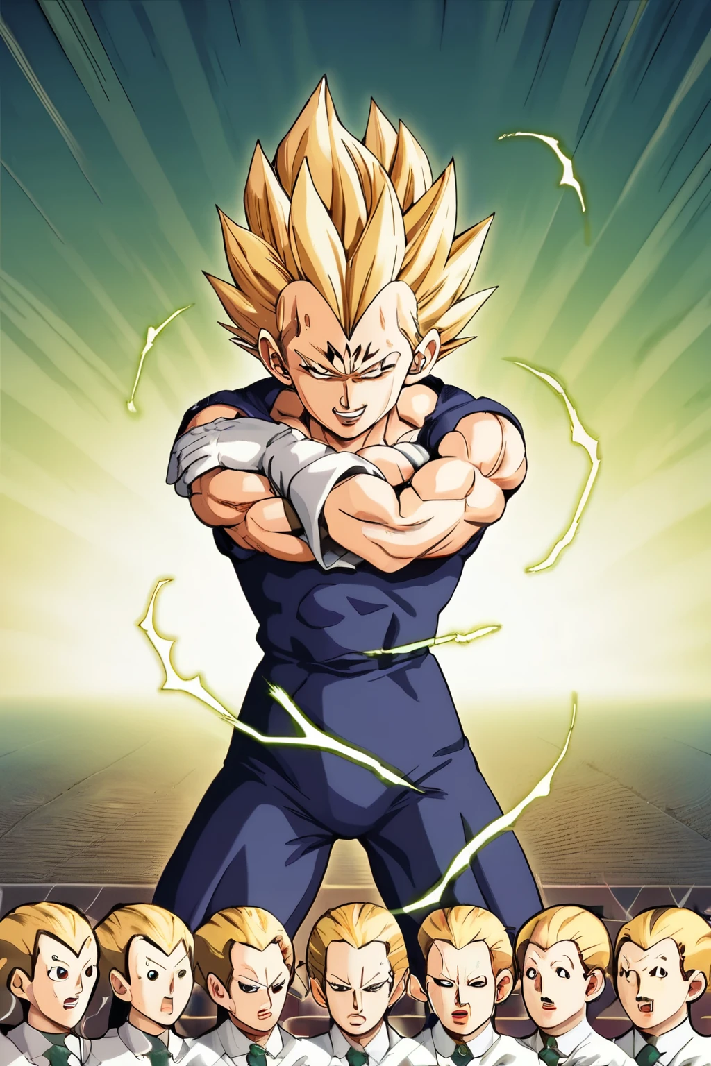 punctuation_9, fonte_anime, punctuation_8_acima, punctuation_7_acima, fundo detalhado, 1 menino, Sozinho, corpo todo, deserto,  Majin dramatic lighting, dynamic pose, dynamic composition, action scene, action pose, crossed arms, evil smile