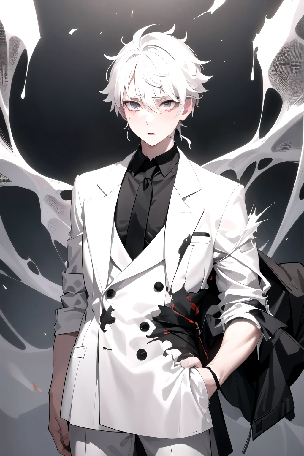 Create an image of a white-skinned boy, with messy dark hair, wearing a Japanese academic uniform of a white shirt and black tie, with a large, torn jacket hanging from his shoulders, he has bandages on his muscular arms and legs, with a scar on his left cheek and bloody patches on his forehead and right cheek