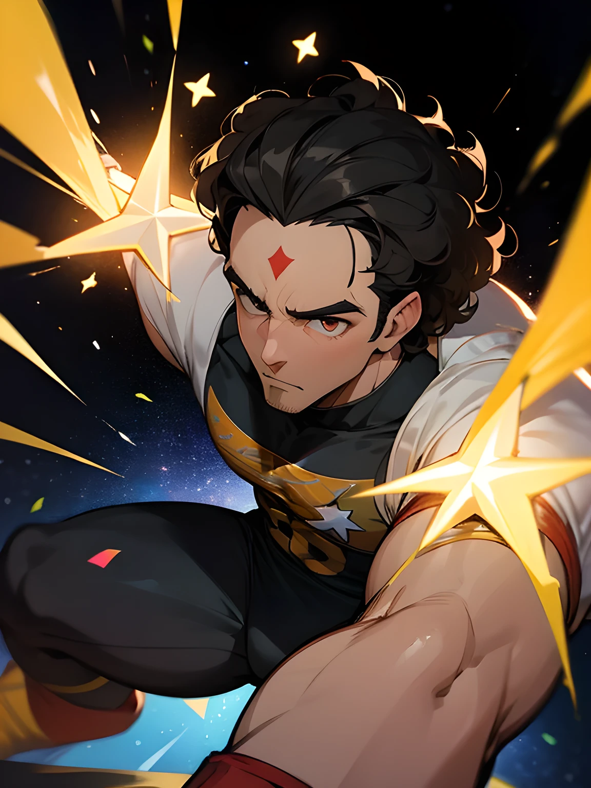 solo,frontview,upperbody,professional wrestler, (big forehead),no beard, black
perm,American、hooked nose、A Handom man, Tall and fit, (40 years old),(star design:1.3), professional wrestling,fighting stance, Party Time、Colorful confetti