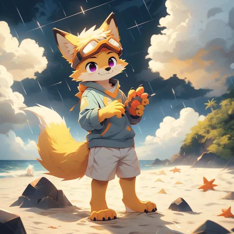 (A character), (fox with yellow fur and white chest), (under muzzle is white), (yellow fur), (white tail tip), (wearing a magenta sweater), (light blue scarf), (yellow jockey hat with orange visor), (orange visor), (magenta eyes), (slim and fit body), (apparently slim but strong appearance), (relaxed expression), (male), (medium height), (solitary), (white eyebrows), (4 toes on his paws), (5 toes on his hands), (magenta eyes), fluffy, (fluffy fur), (goggles), (black crystal goggles), (yellow paws), (background beach), (beach), (rocks in the sand), rocks, (his sweater covers his crotch), (yellow tail with white tips), (his paws and hands are yellow), (black paws), (claws), (golden fur), (golden yellow fur), (black pawpads), kerchief, (cloudy), (cloudy day), (cloudy day at the beach), (rain), (rain at the beach), (rain at the beach), (yellow cap), (yellow cap with orange visor), young, (white eyebrows), (thick eyebrows), (claws on their toes), (claws on their fingers), (short claws), short, (medium height), "magenta sweater", "light blue kerchief", "orange cap", (dark background), (cloudy), (cloudy sky), (cloudy sky), (showing a plant from his paw), (lifting his sweater), (without pants), (standing), (leaning on a rock), , (relaxed), (pants down), kawaii, ass
