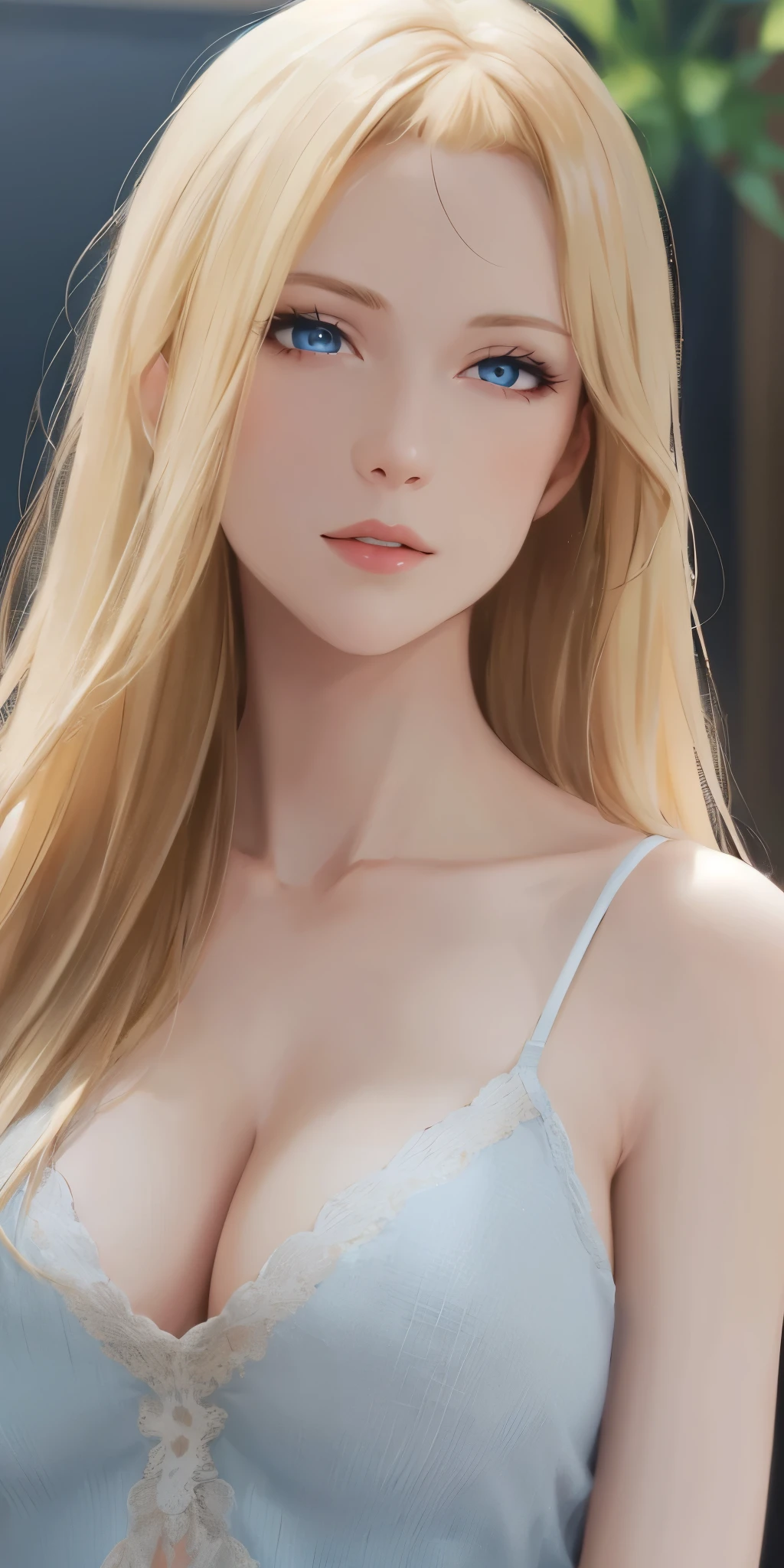 Upper body, elegant, adult woman, long neck, long blonde hair, bangs, casual clothe, cleavage, blue eyes, soft light, high quality, 4k resolution