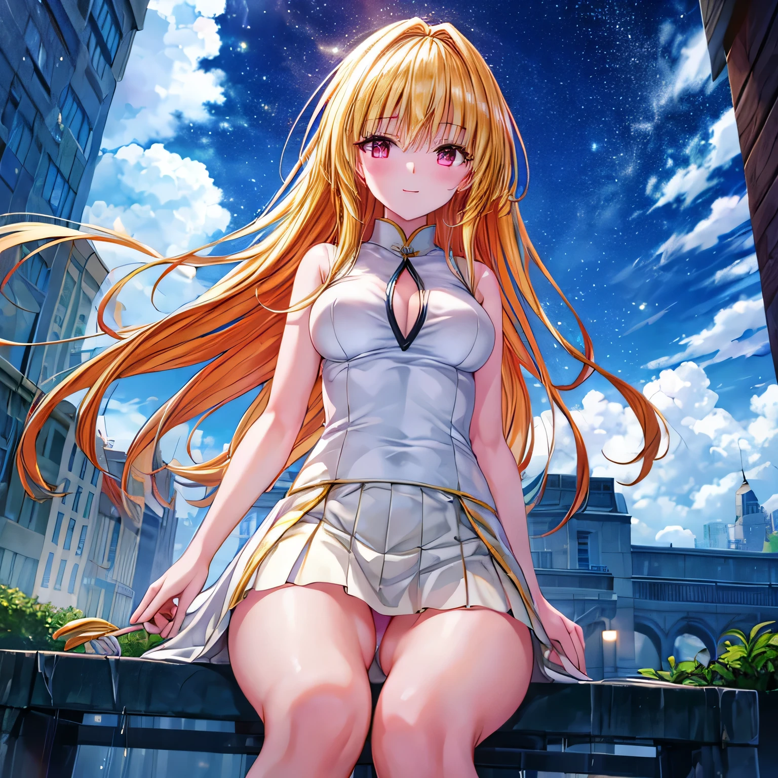 realistically, golden hair, brown eyes, glowing eyes, white short skirt, extra short skirt, Blush, daytime, Wet from the rain, see through, cheongsam dress, cheongsam, sleeveless shirt, nipples, pussy, crotch, big smile, Sit with your knees raised, windy, yami, the skirt is turned up, highest quality, High resolution, highly detailed face, perfect lighting, highest detailed CG, perfect hands, perfect anatomy, wind blow skirt up, medium breast, view from below,