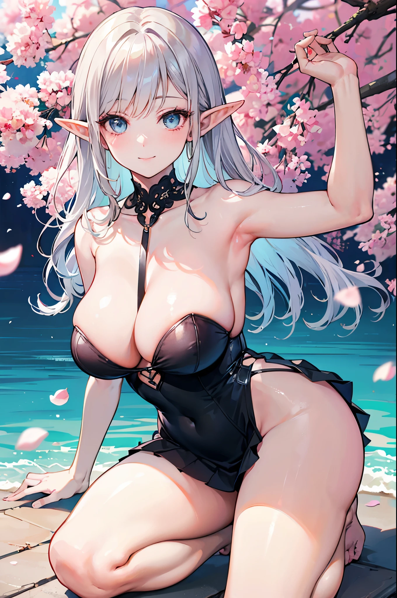 Detailed image, realistic image, coherent image, 1 elf. She has long silver blonde hair, blue eyes. She is smiling sensually. She has a curvy body, large breasts, wide hips and thick thighs. She is dressed in a strapless top and pleated mini skirt. Kneeling with legs spread, arms tucked behind her, breasts sprouting. Park background, cherry trees and petals falling around her. Natural light, ambient light, detailed shadows,