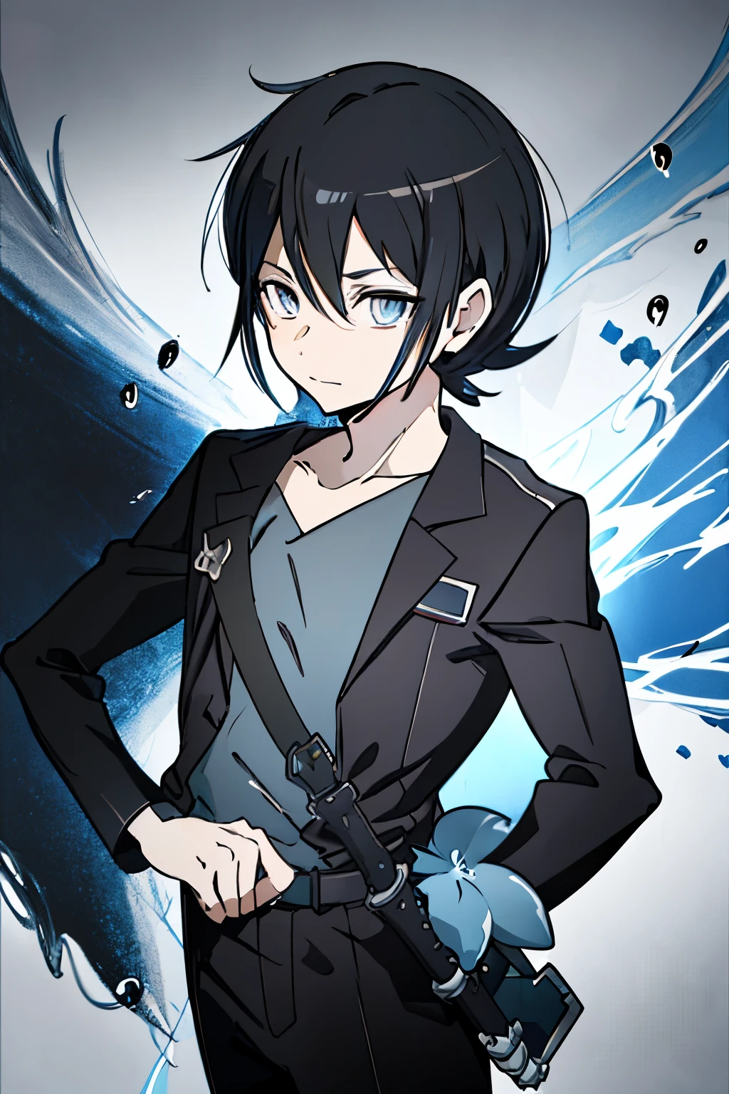 (Moderate quality,4k),detailed,fine painting,extremely detailed description,portraits,anime,Pokemon,Guy,Wavy black Hair,Honey drops Hair,wet Hair,Cloudy blue eyes,Background black and white,Cool hot man,anime man chill