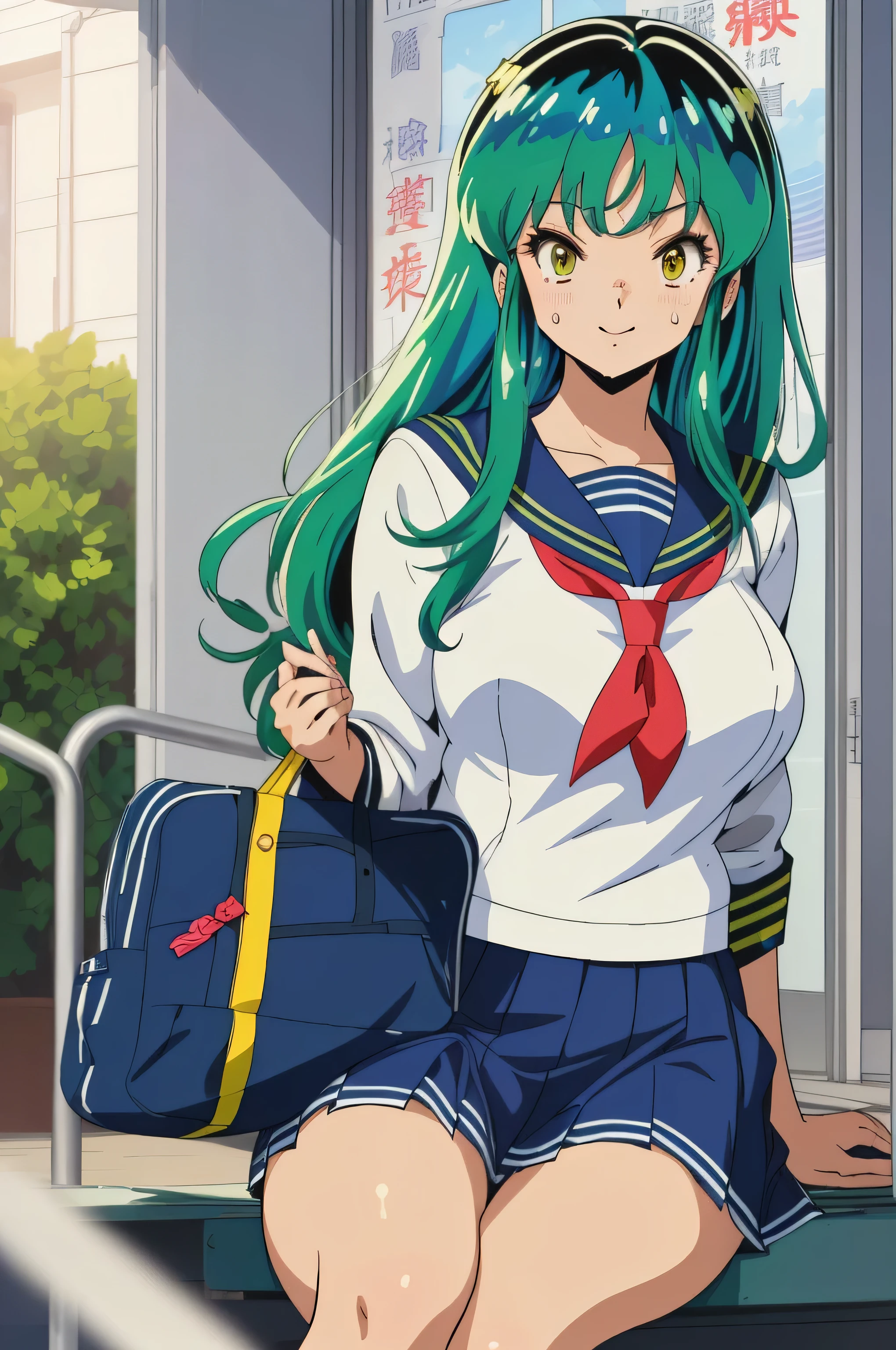 (Anime stuff, Retro art style, Clean brush strokes, Very detailed, Perfect Anatomy, Browsing Caution), Ram, Sitting sexy, (Blue-green hair), Long Hair, A bright smile, Tabletop, (Penetration: 1.2), In a glamorous body, Huge breasts:1.3, Sweat:1.4, ((Summer sailor uniform, Sweat and see-through:1.4)), ((School uniform skirt)), I can see her panties, Leather student bag, refer to4Bookの中に親refer to1Book,
