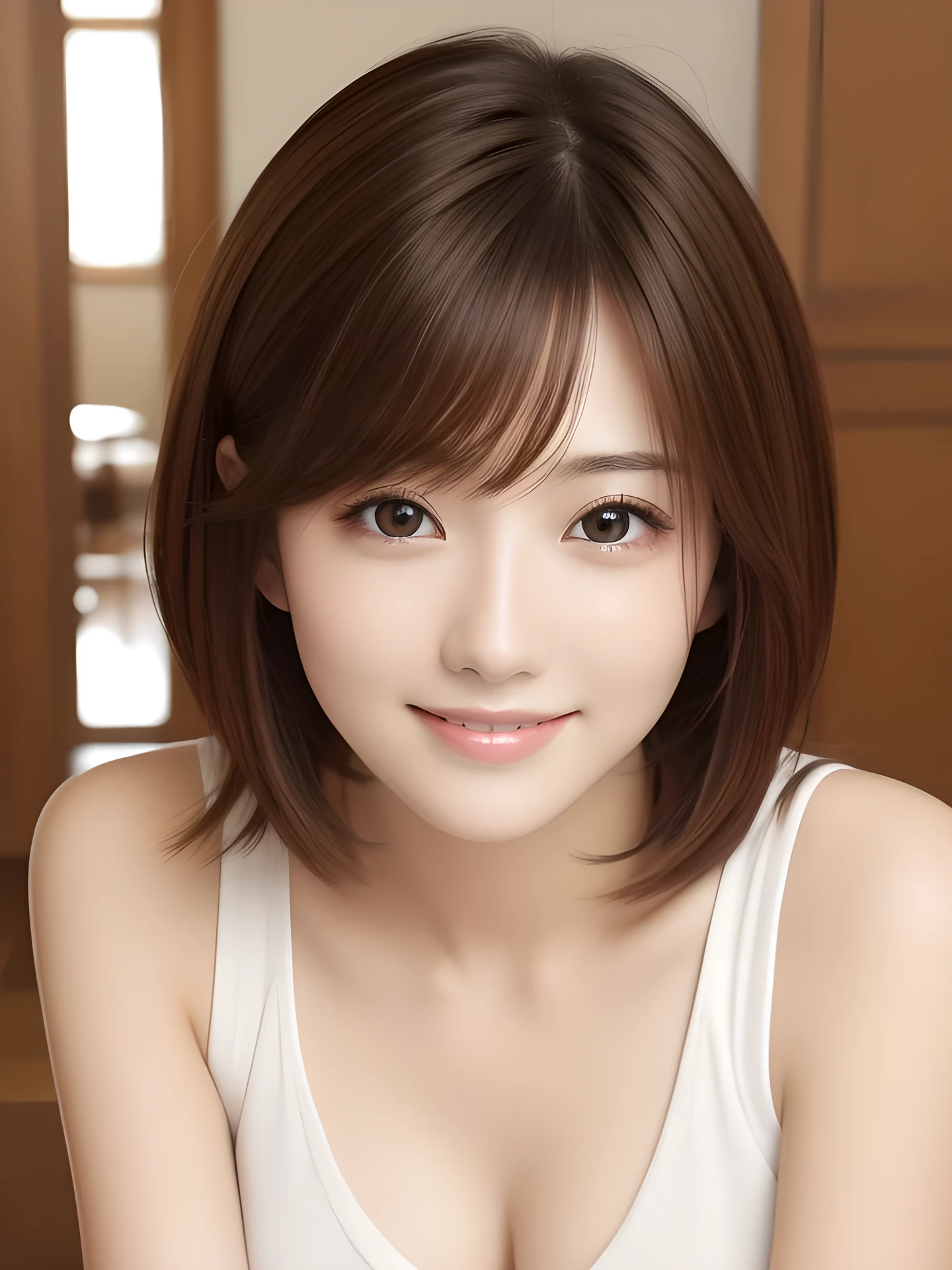 masterpiece, highest quality, High resolution, table top、wallpaper, realistic, bright lighting, professional lighting, face light, smooth lighting, japanese girl, cute, smile, Beautiful girl, gravure, sexy, super beautiful, beautiful skin, beautiful and detailed eyes、detailed face、slim、moderately、short hair, brunette colored hair, brown eyes, look at the camera, Tank top, clear sky