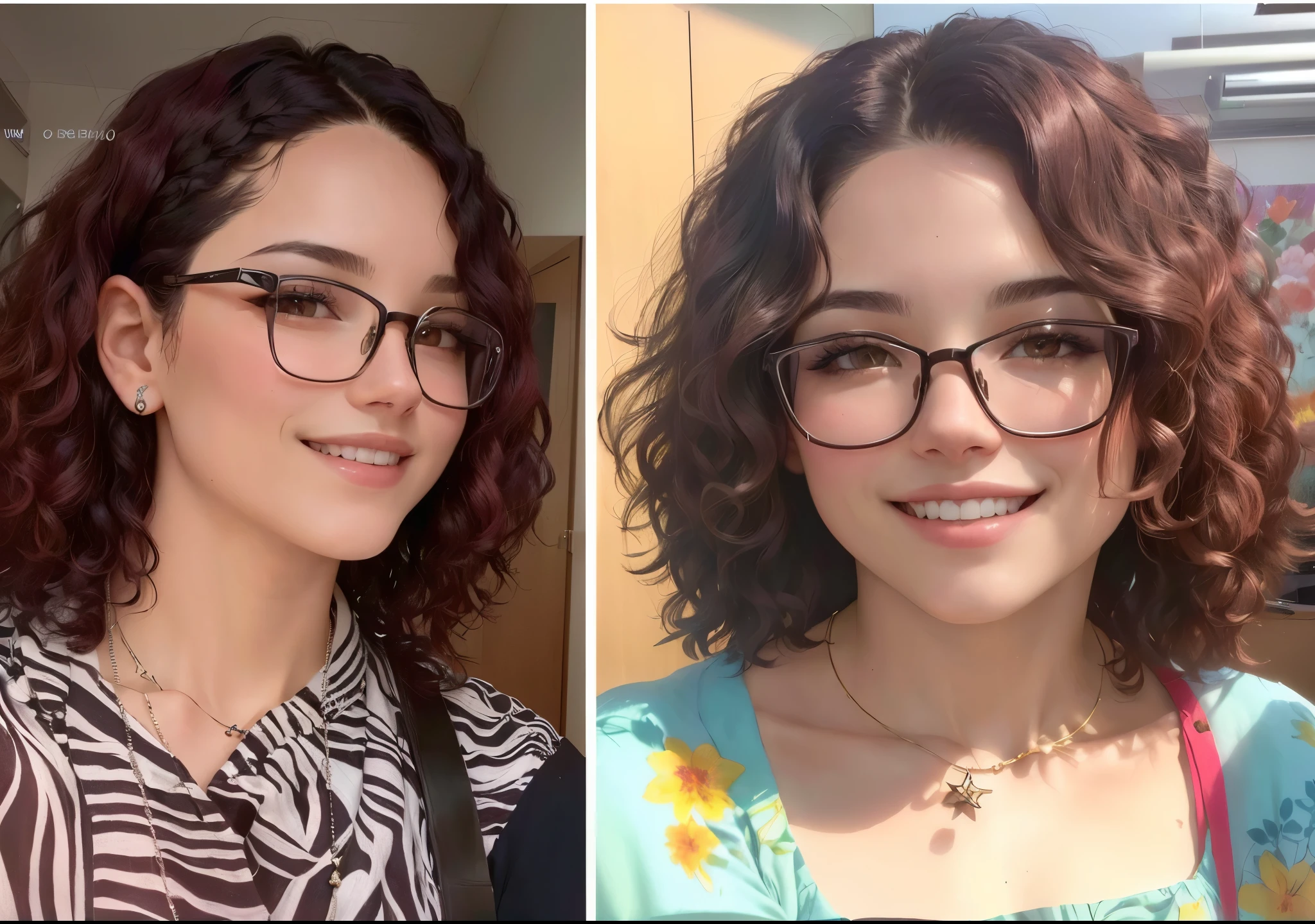 Two naked women with glasses and a necklace smile at the camera., con el mismo peinado, pelo superior rizado y corto, con pelo largo y rizado, con pelo rojo rizado, foto de perfil ultra realista, identical image, before and after, usando gafas redondas grandes y delgadas, medium transformation, con pelo corto, headshot foto de perfilture, cabello ondulado sin maquillaje, foto de perfilture, sin rasgos faciales