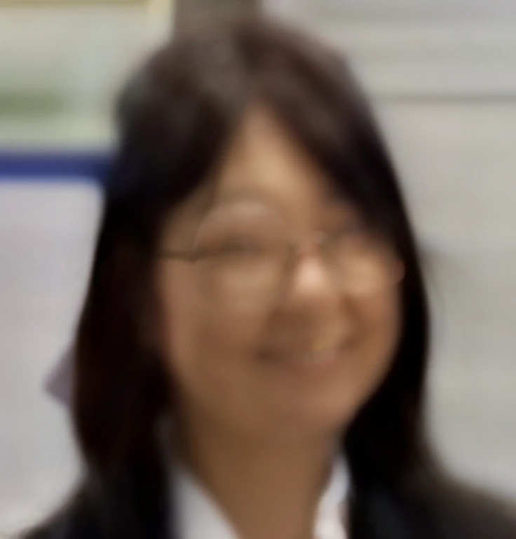 Japanese female 25 years old。With glasses、long hair、Please express a smiling face