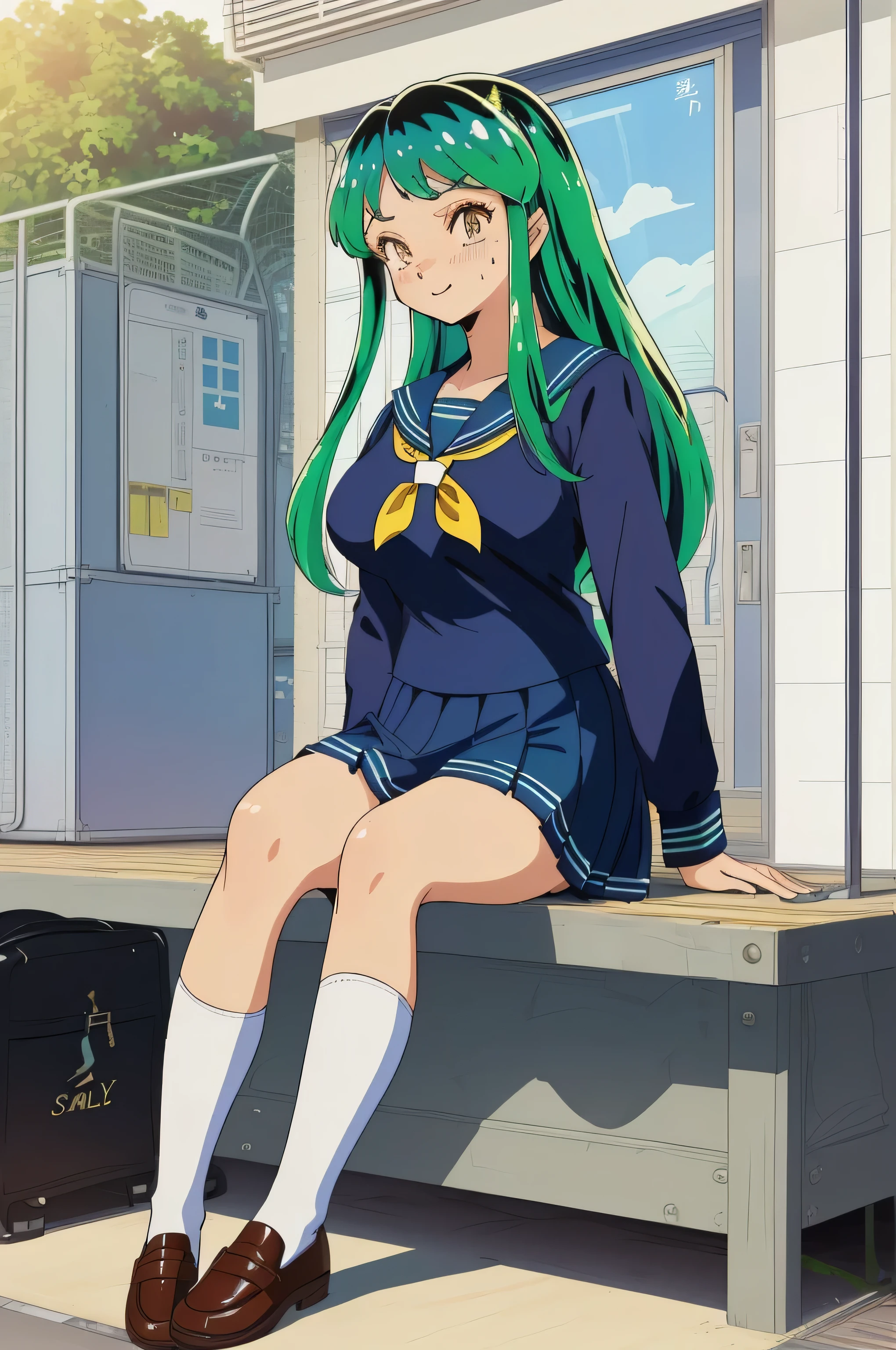 (Anime stuff, Retro art style, Clean brush strokes, Very detailed, Perfect Anatomy, Browsing Caution), Ram, Sitting sexy, (Blue-green hair), Long Hair, A bright smile, Tabletop, (Penetration: 1.2), In a glamorous body, Huge breasts:1.3, Sweat:1.4, ((Summer sailor uniform, Sweat and see-through:1.4)), ((School uniform skirt)), I can see her panties, Leather student bag, refer to4Bookの中に親refer to1Book,