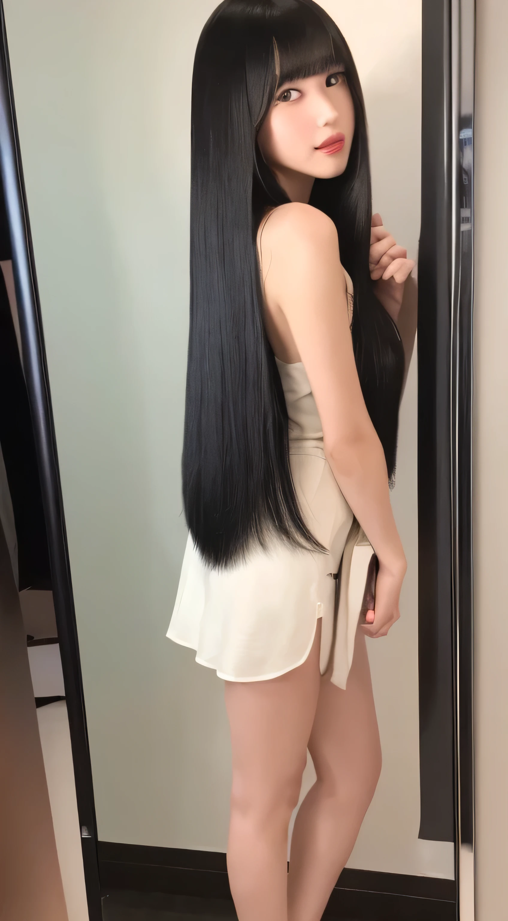 (Full Body Shot:1.3) Beautiful 26 year old woman with long dark hair walking on the beach near the ocean, girl with super length Hair, extremely length Hair, extra length Hair, very long, Flowing Hair, very length Hair, length Hair girl, very long, Flowing black hair, length Hair windy, Very long black hair, length, Flowing Hair, length and curly hair, with length Hair, length Hair!!!! ((Stand in front of a mirror、18 year old Japanese model with long thin black hair, Her highest quality hair is long and straight., very long, highest quality black hair, length hair in the center, Highest quality long straight hair, length, straight, beautiful, High quality hair, length and free black highest quality straight hair, length Hair, length and straight, highest quality black hair, Perfect silky straight hair of the highest quality, straight, highest quality black hair, length black straight hair, length, Thin black hair Stand in front of a mirror Japanese with long black hair Her hair is long and straight, very long black hair, length hair in the center, length straight hair, length, straight, beautiful hair of the highest quality, length Hair, length, straight black hair, length and free straight black hair, straight black hair)) ((highest quality)) ((masterpiece)), (Familiar) (Get used to it) (She has a perfect face and beautiful hair.) (Her skin is a typical Japanese skin color.............、Very detailed) she is wearing a white dress (She has a beautiful face and a slim figure..) (Her bangs are neatly trimmed、It is straight.) (She has perfect beautiful makeup and face Lipstick is light red) ((Rich 1.4)) (Extremely detailed 8K) (Ultra-fine skin texture 1.4) (Actual, Vibrant:1.4), double eyelid Sharp focus:1.2、Beautiful woman:1.4 Dynamic Lighting (Genuine RAW photos taken by professional photographers) (Her long bangs、Well Organized) (Turn your whole body to the viewer) (She is posing to show the viewer as much hair as possible.....:1.3) (Pose to make your hair look as wide as possible) (Pose to make your hair look as wide as possible) (Pose to make your hair look as wide as possible) (Standing pose with back to viewer)