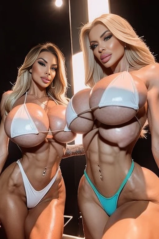 bikini bods,huge , 2 girls , chiseled slim waist, hourglass,fitness bimbo,(high gigantic breast), (muscle girl), miss world,eight pack, stunning,fit legs, High detailed, beauty face, bright skin, puffy lips,blonde. Scene at stage miss olympia fitness competition, iffb