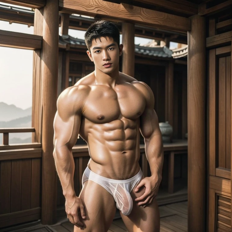 1 handsome Chinese guy，wet body, wet hair, 18-year-old male high school student，majestic，Who is Shi Yu?, Li Yuanbin, Kim Hyung Tae, Kim Hyung Tae, Yin Shishan, Wang Yi Bao, Handsome Chinese muscular guy，Broad shoulders and narrow waist，A handsome guy wearing white brief, wet skinny brief, transperent ????????? ( see through)，Form-fitting fabric contours the bust, ???? ?????，in a buddism pagoda，buddism statues background, detailed background, hands tied behind back，Hands tied behind the back，hands tied top the head，Masculine and ????，High，Muscles look good，manly, hairy body，Wheat complexion，black eyes（thin eyes 1：3），whole body image, ???? butts, nice butts, big bulge , long big ???? ??????????, perfect ????, ???? in good shape, ?????????
