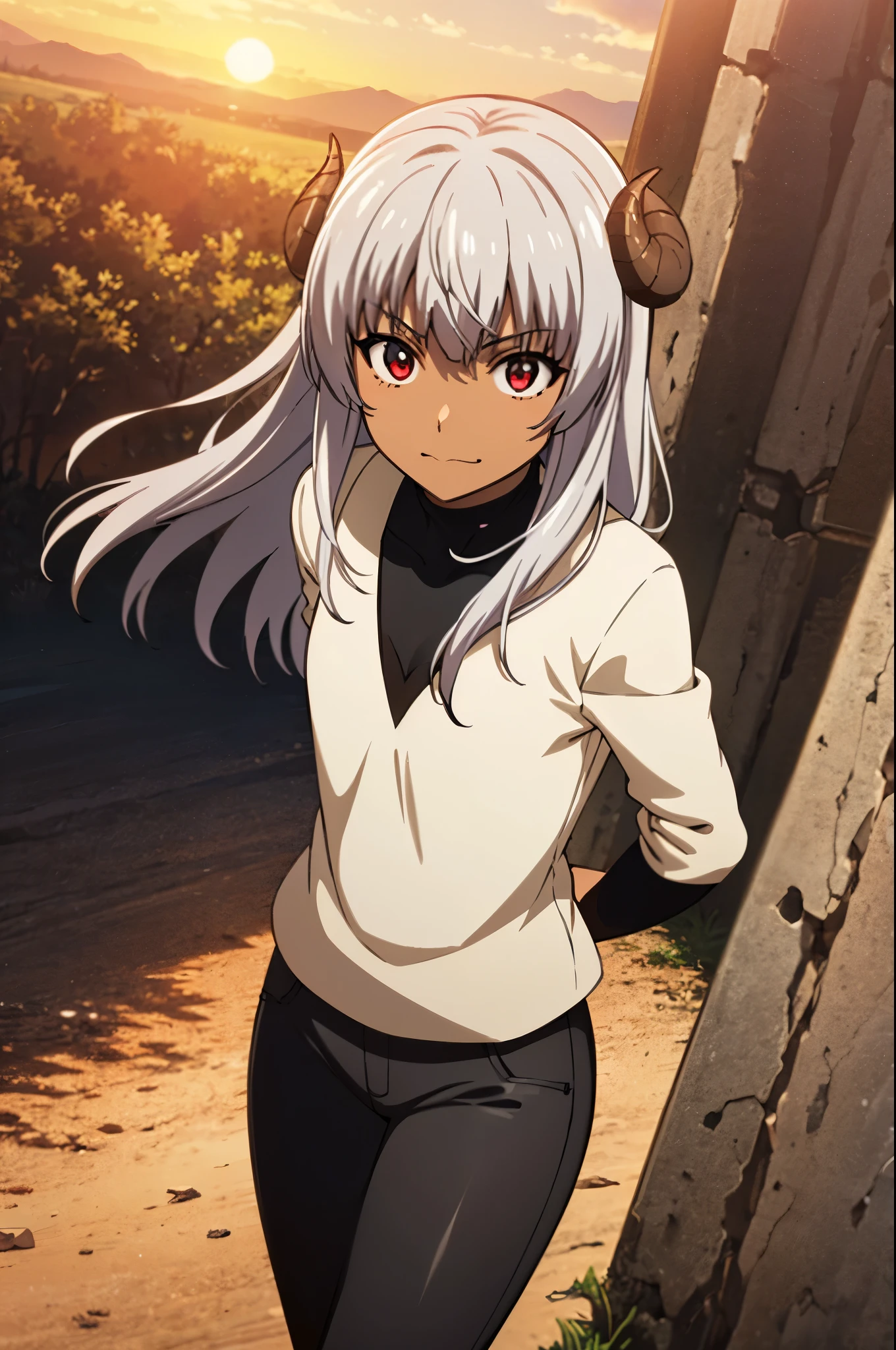 best quality, ultra high res, Felm, 1girl, flat chest, white sweaters, black thighhighs, dark skin, grey hair, long hair, red eyes, curled horns, at grass plain fields, sunset, sweet smile, calm expression, wearing tight pants, thick thigh, half body, sweet girl, close up zoom, commissioned art, fan art, low angle, sunset sky, orange sky, cloud, makoto shinkai style anime, 