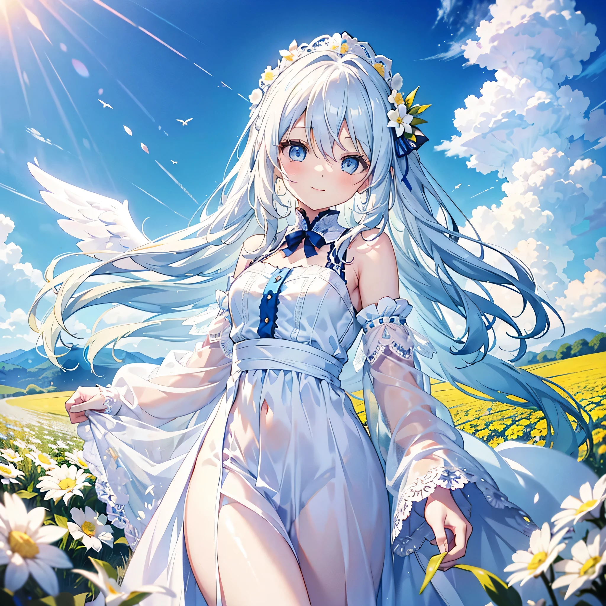 Alone, Pretty woman with long white hair and blue eyes、short、landscape、walking、Flower Field、Light blue dress、A long white lace cardigan draped over the shoulders、18-year-old、Adorable smile、Angel wings on the back、Less exposed skin、pastel colour、cute、Highest quality